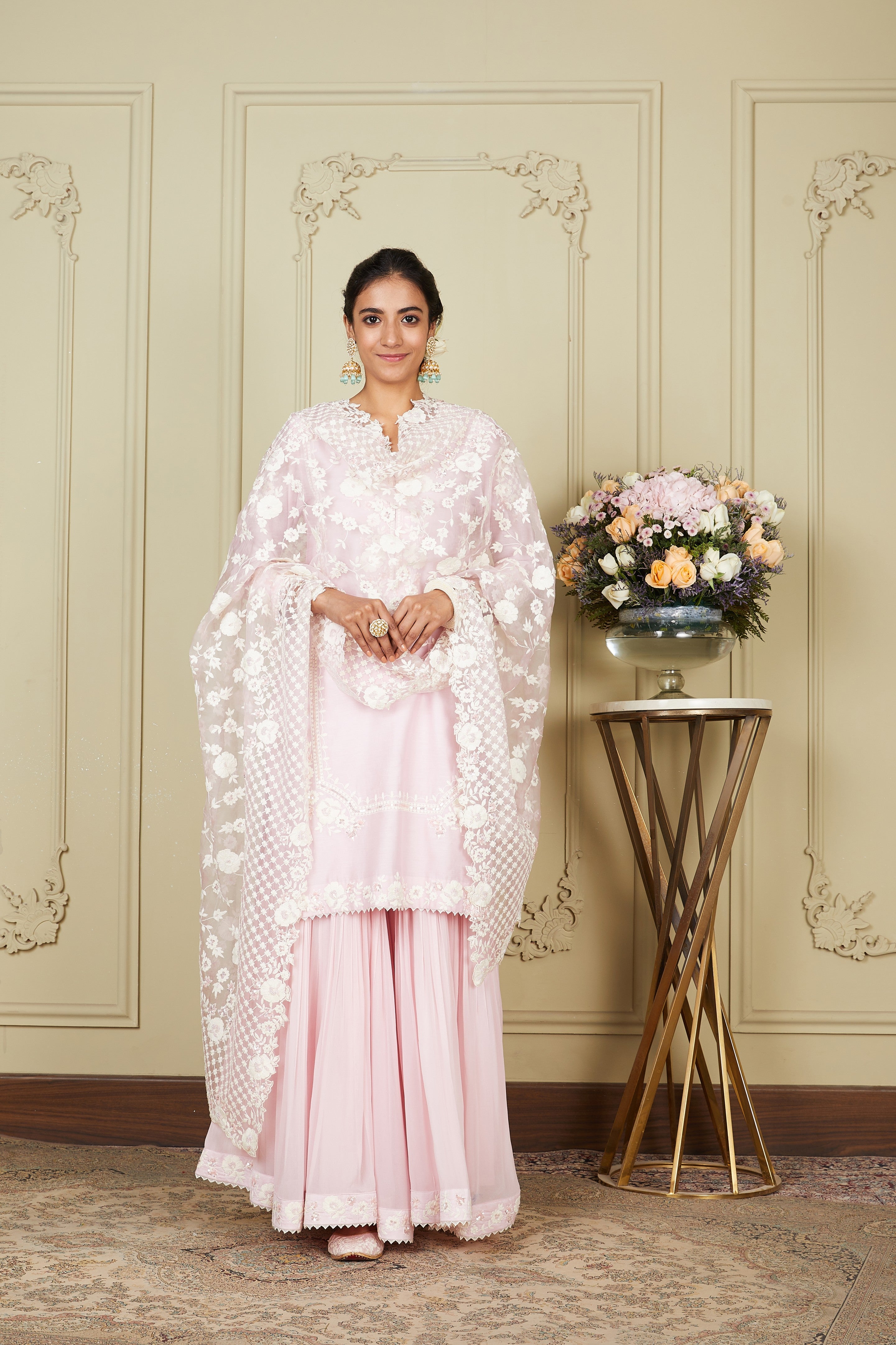 Nargis - Pearl Blush Short Kurta With Garara And Dupatta