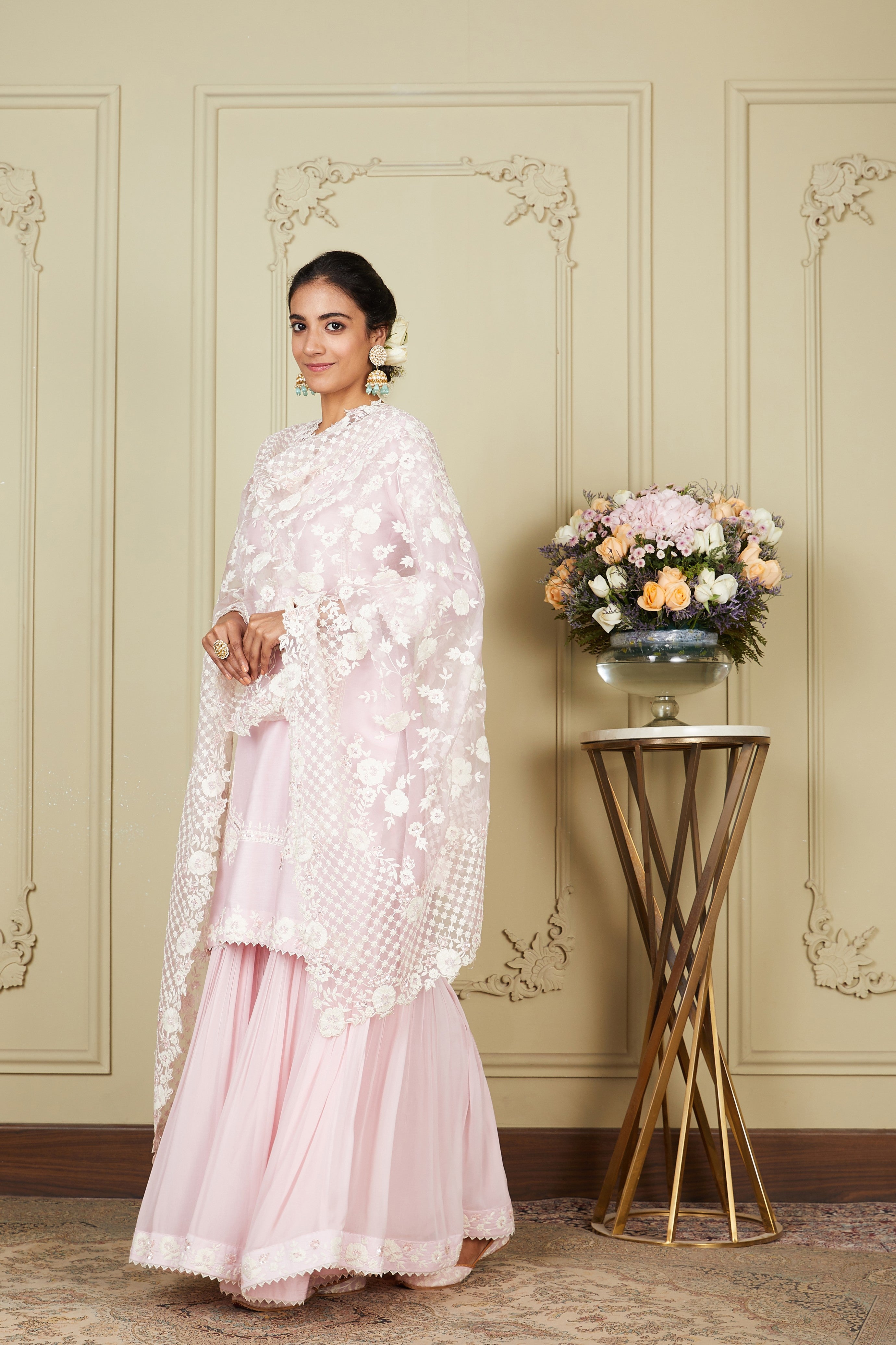 Nargis - Pearl Blush Short Kurta With Garara And Dupatta