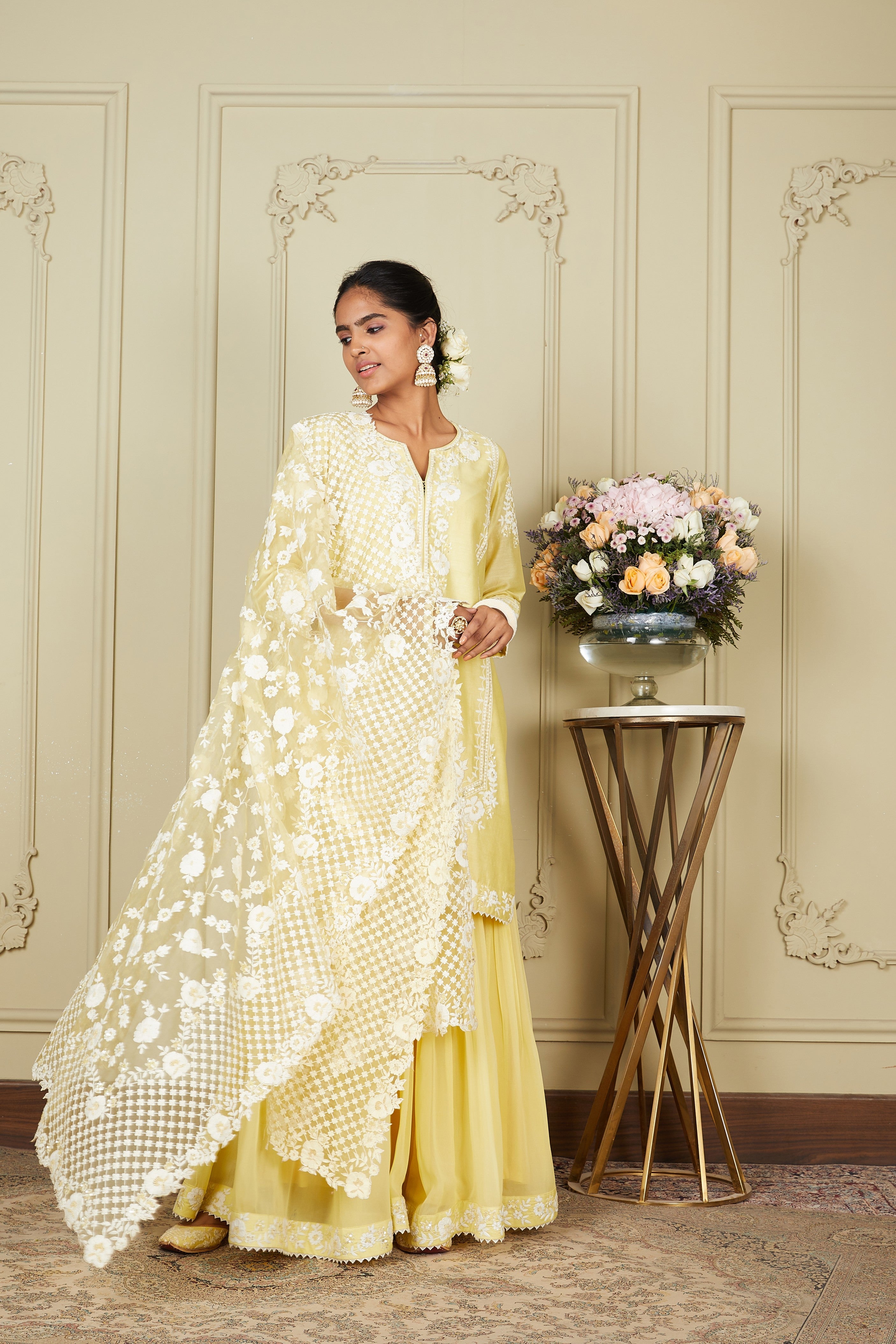 Nargis - Lemon Yellow Short Kurta With Garara And Dupatta