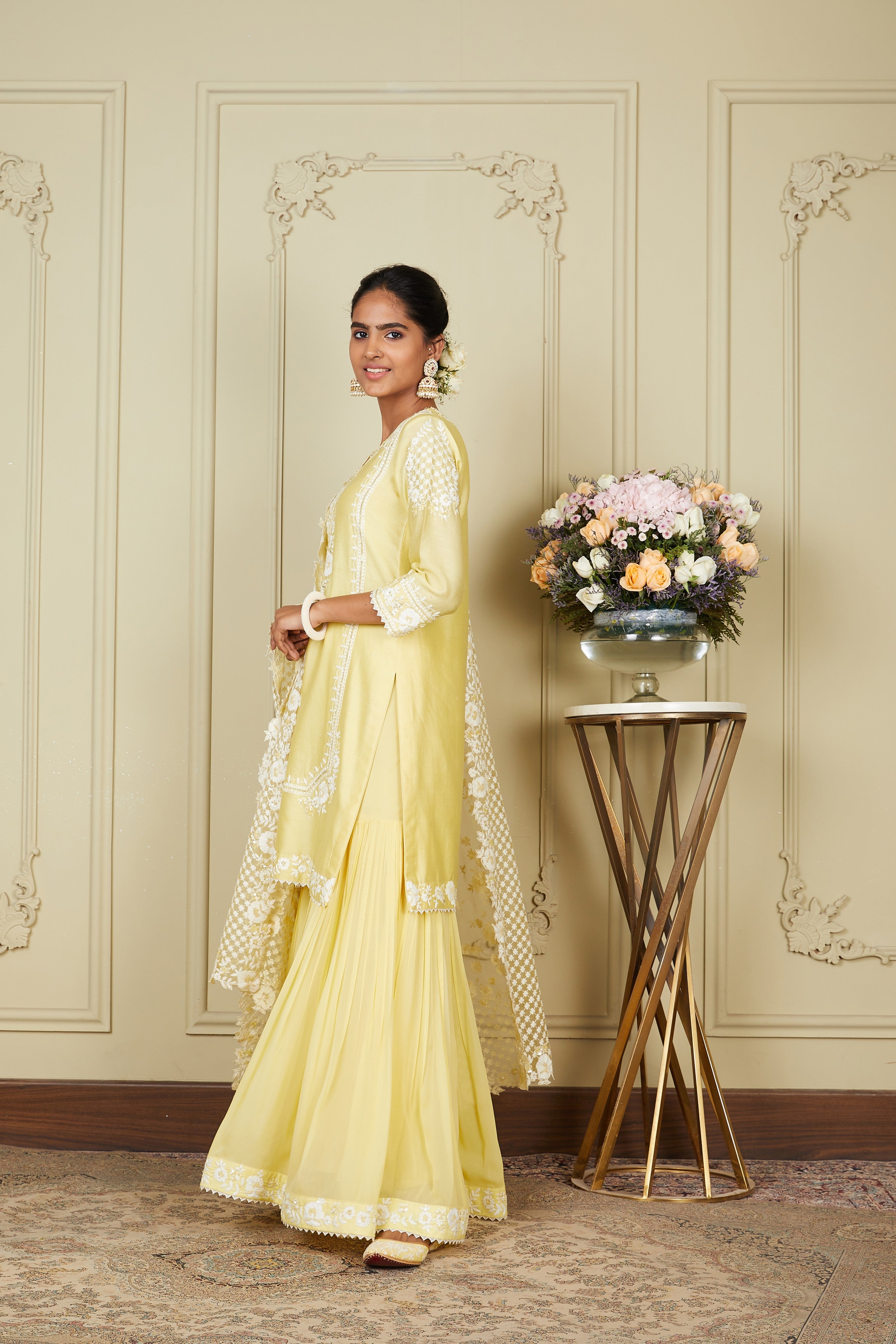 Nargis - Lemon Yellow Short Kurta With Garara And Dupatta