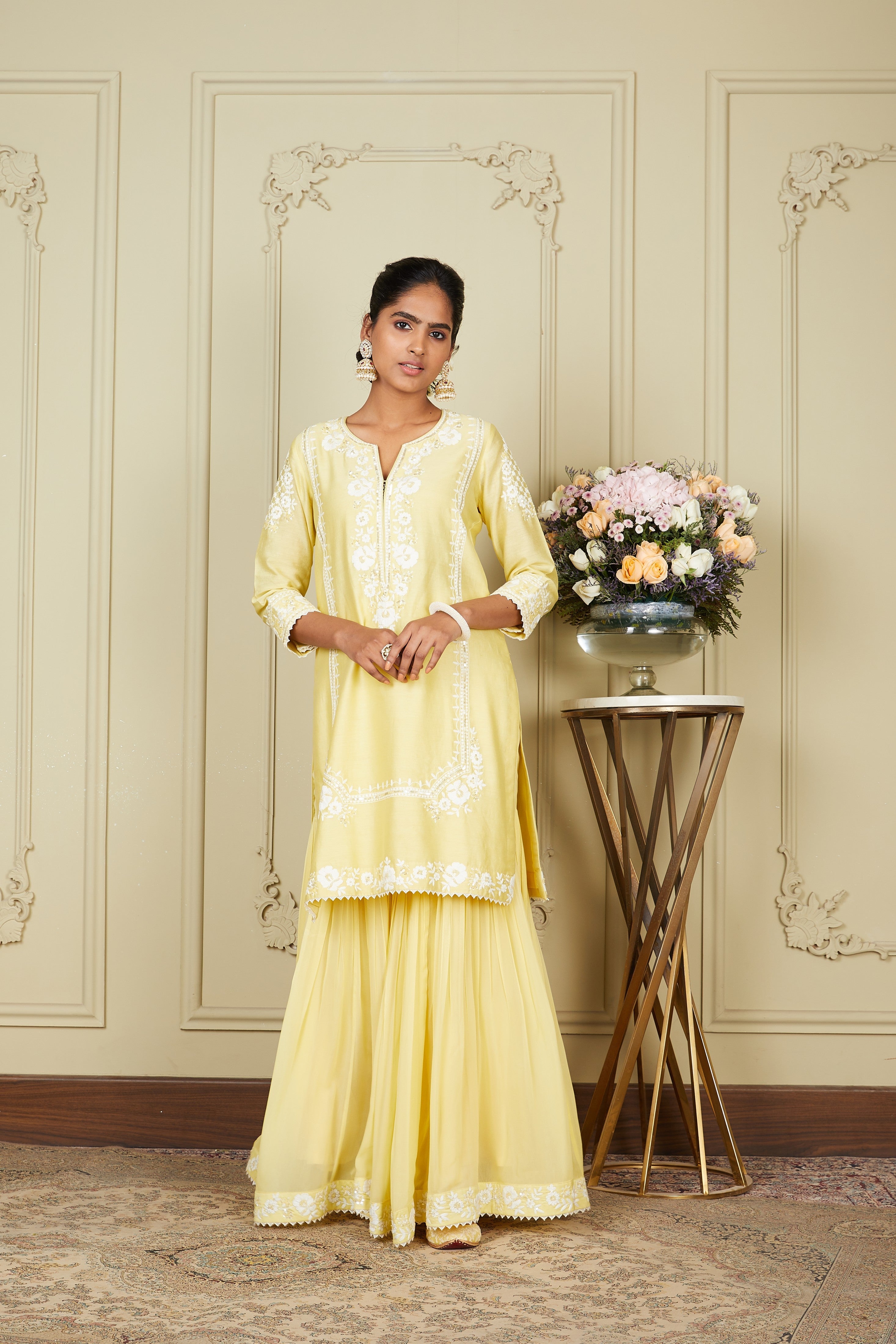 Nargis - Lemon Yellow Short Kurta With Garara And Dupatta
