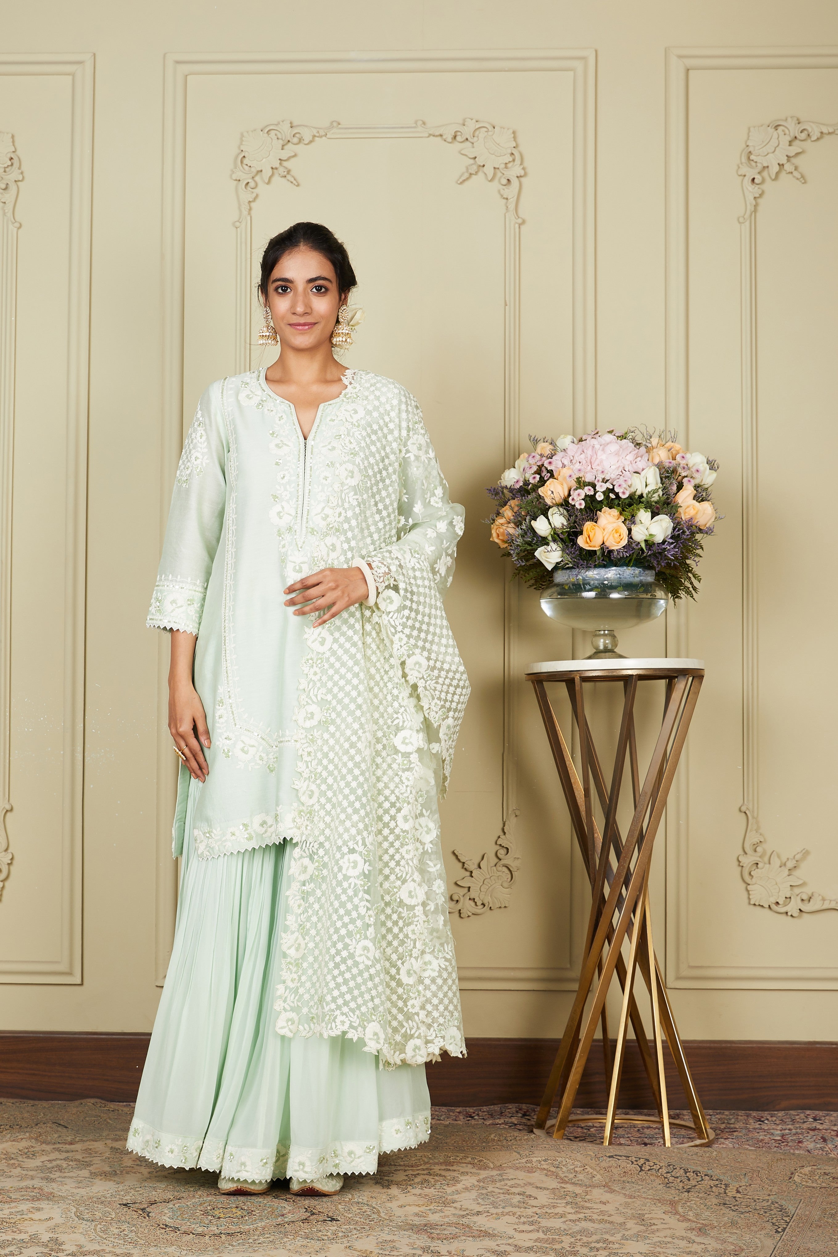 Nargis - Frosty Green Short Kurta With Garara And Dupatta