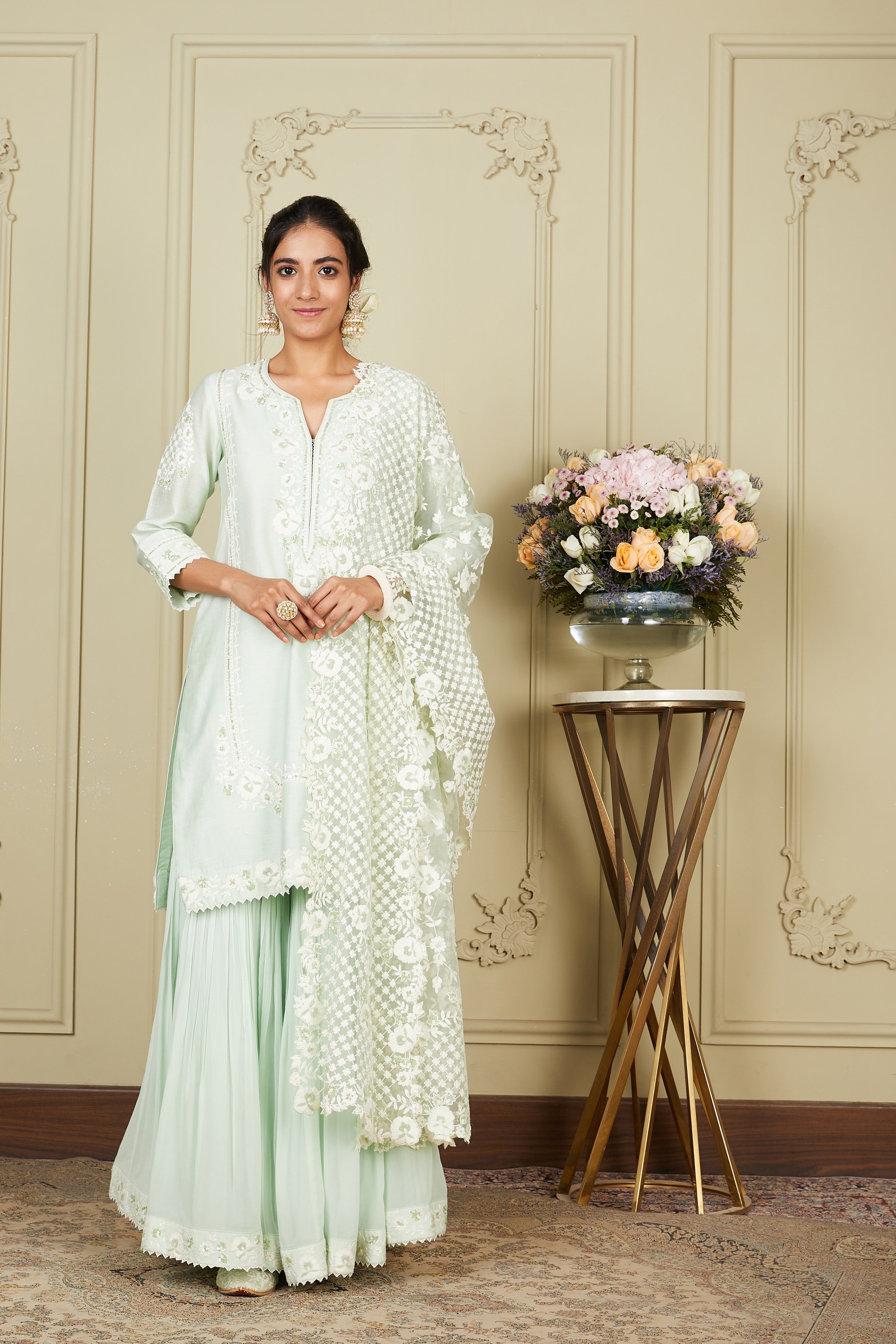 Nargis - Frosty Green Short Kurta With Garara And Dupatta