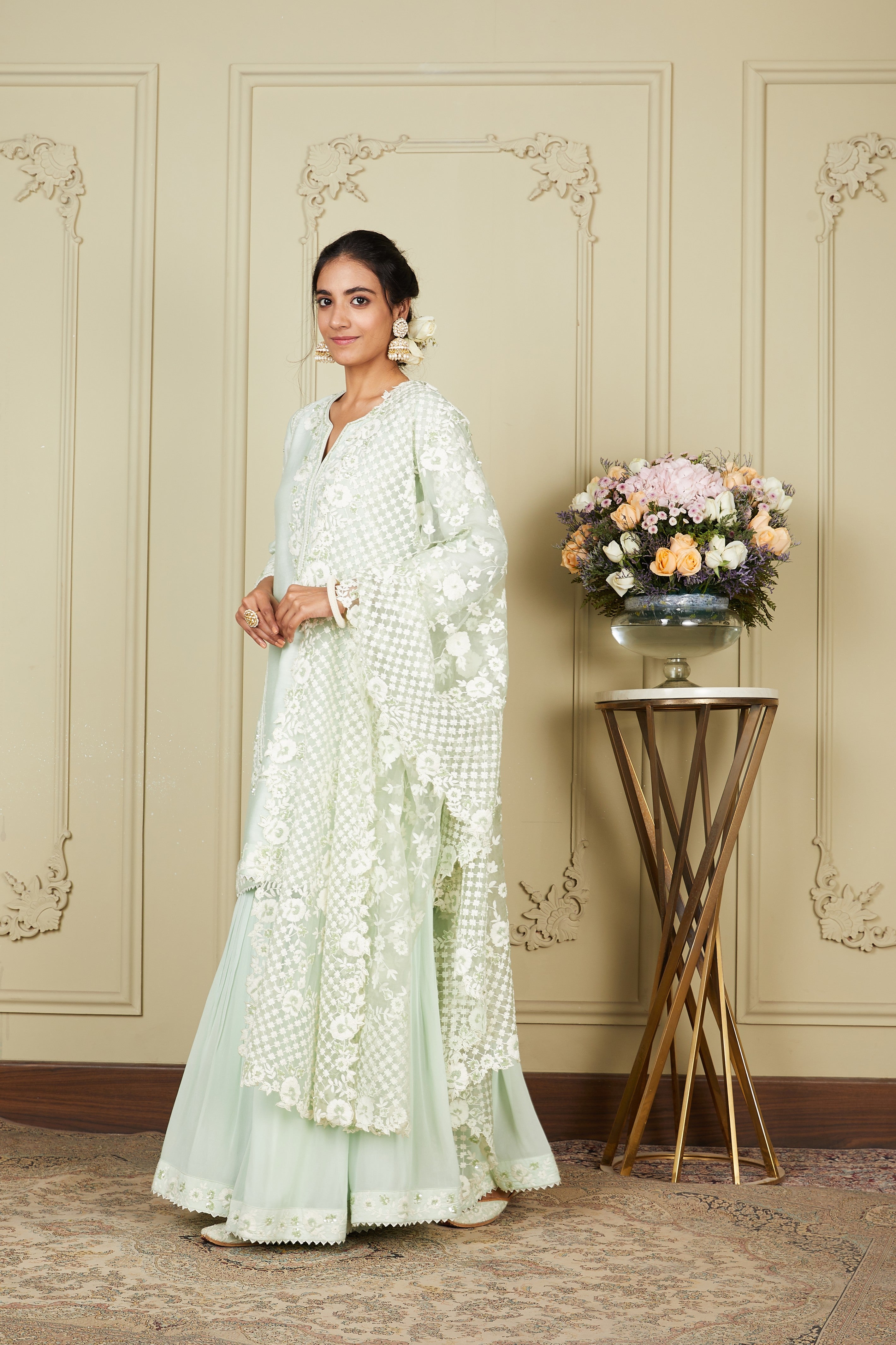 Nargis - Frosty Green Short Kurta With Garara And Dupatta