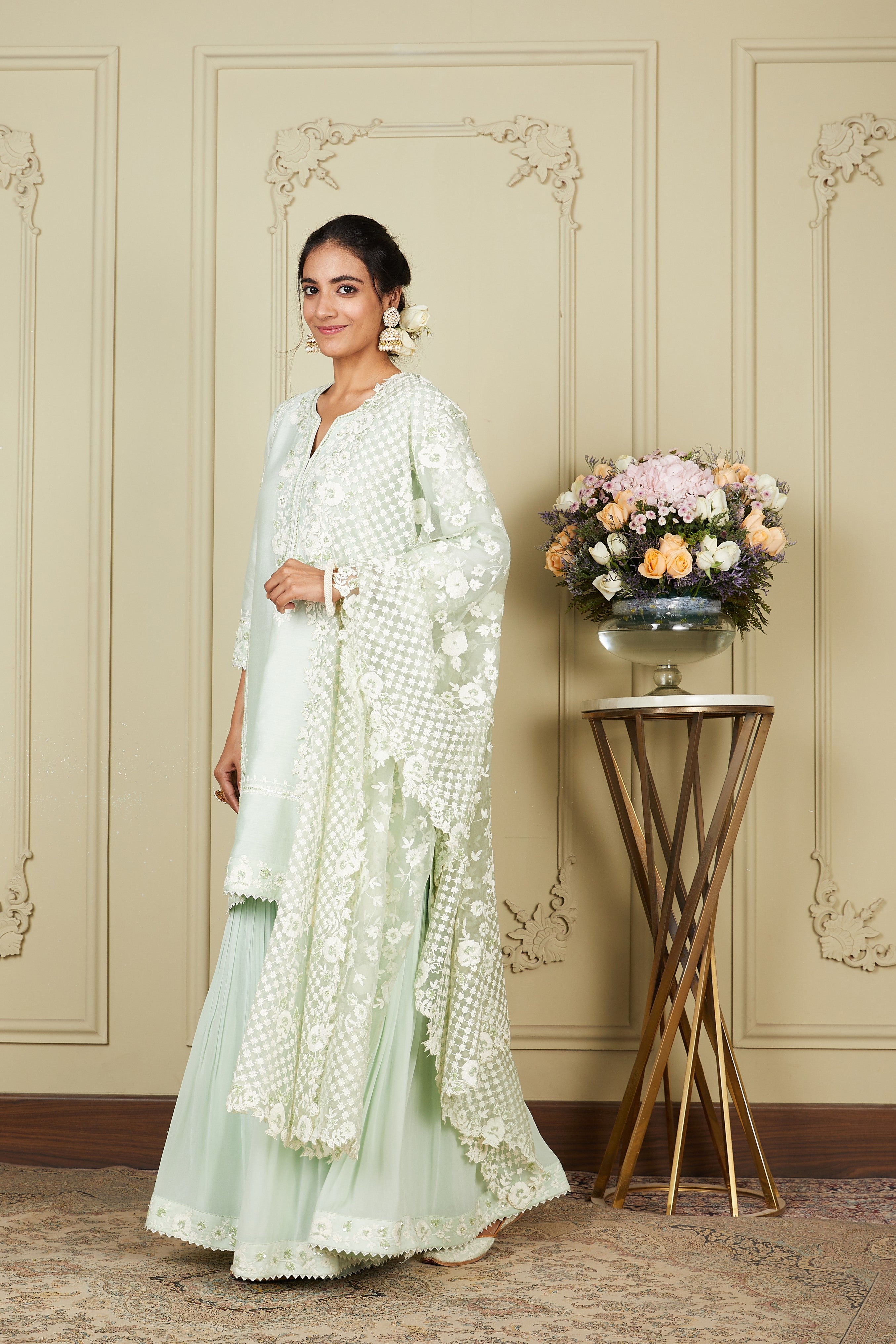 Nargis - Frosty Green Short Kurta With Garara And Dupatta
