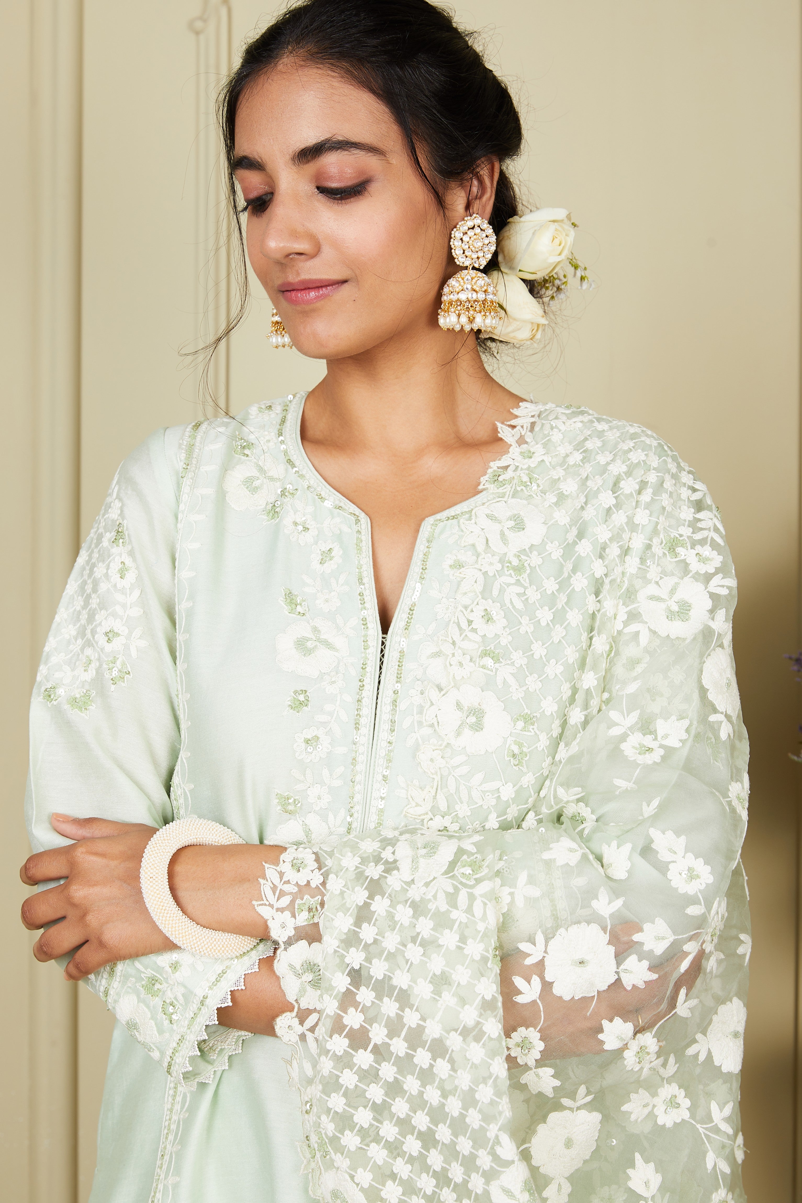 Nargis - Frosty Green Short Kurta With Garara And Dupatta