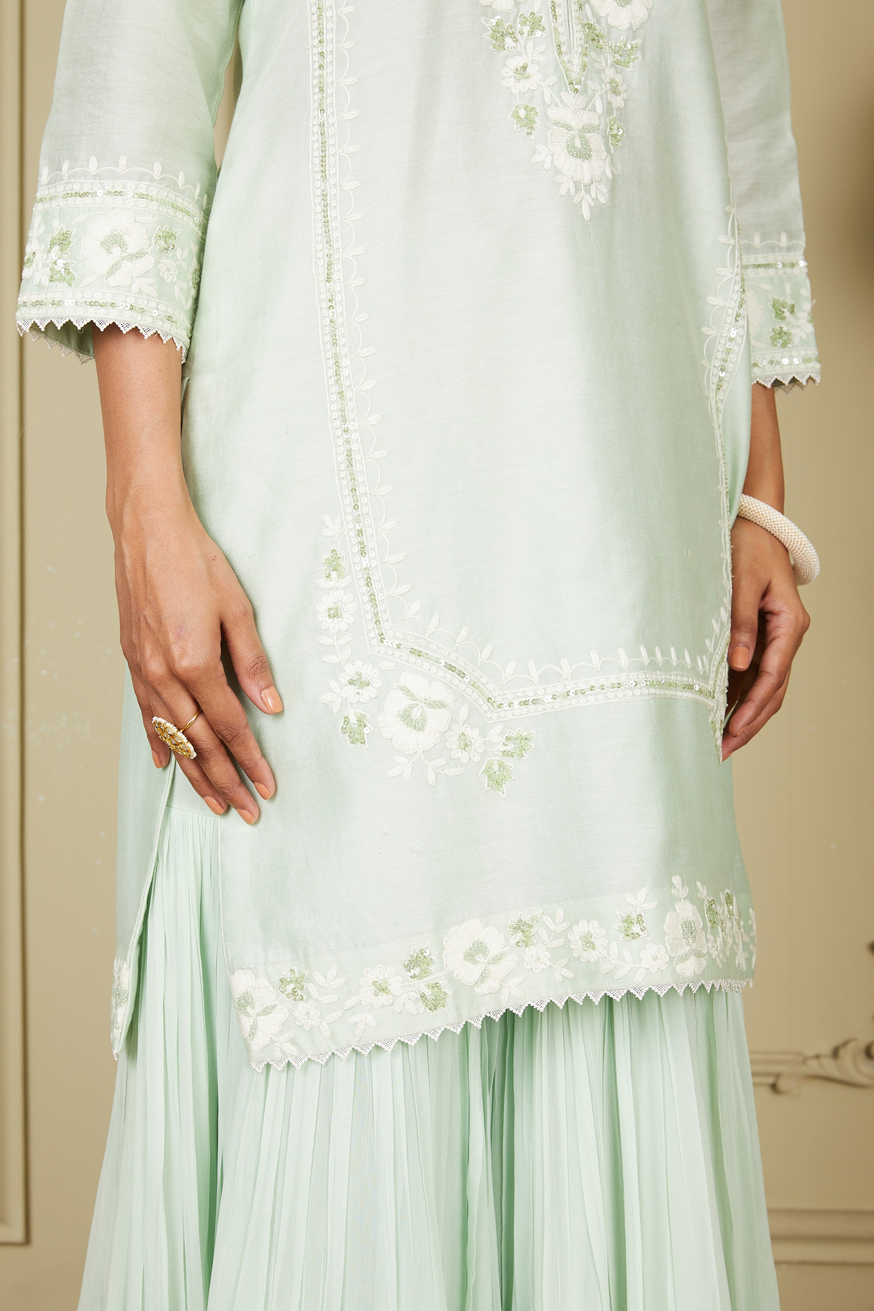 Nargis - Frosty Green Short Kurta With Garara And Dupatta