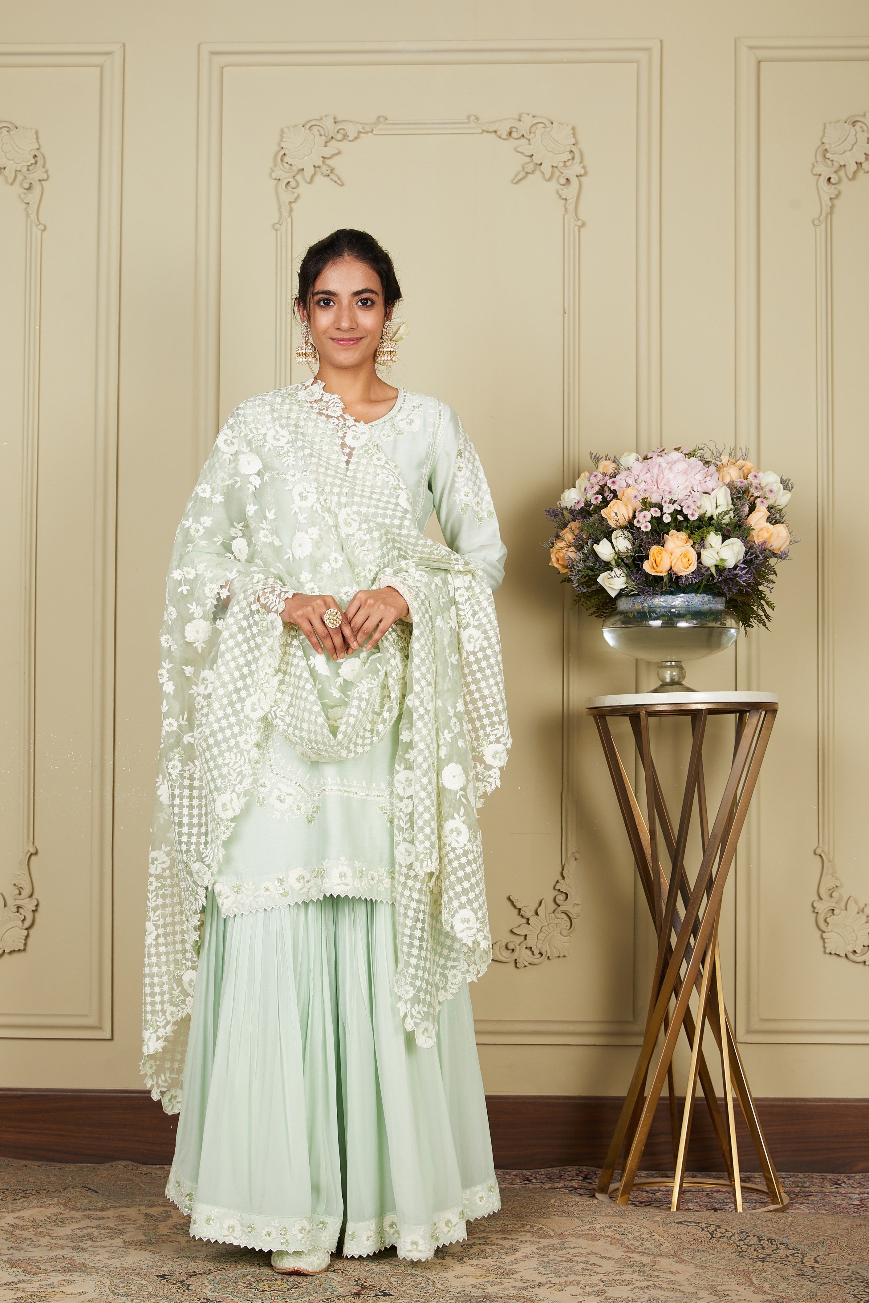 Nargis - Frosty Green Short Kurta With Garara And Dupatta