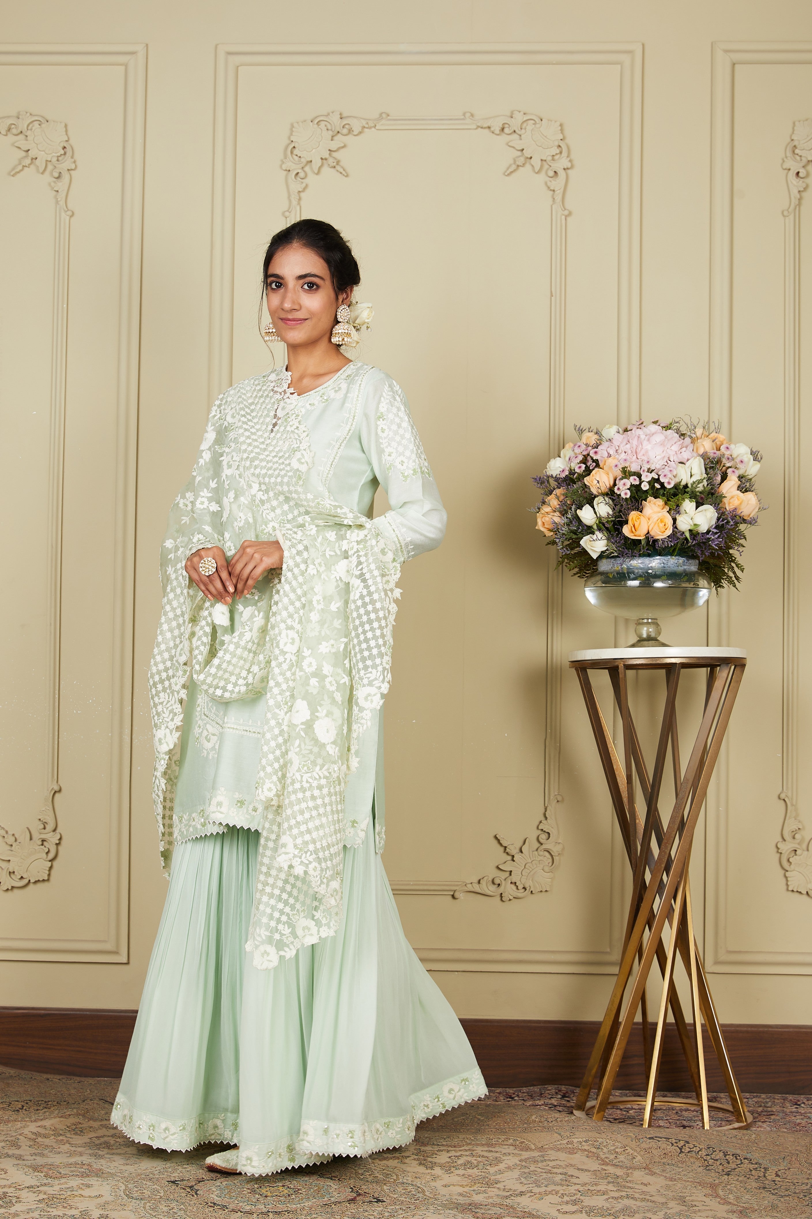 Nargis - Frosty Green Short Kurta With Garara And Dupatta