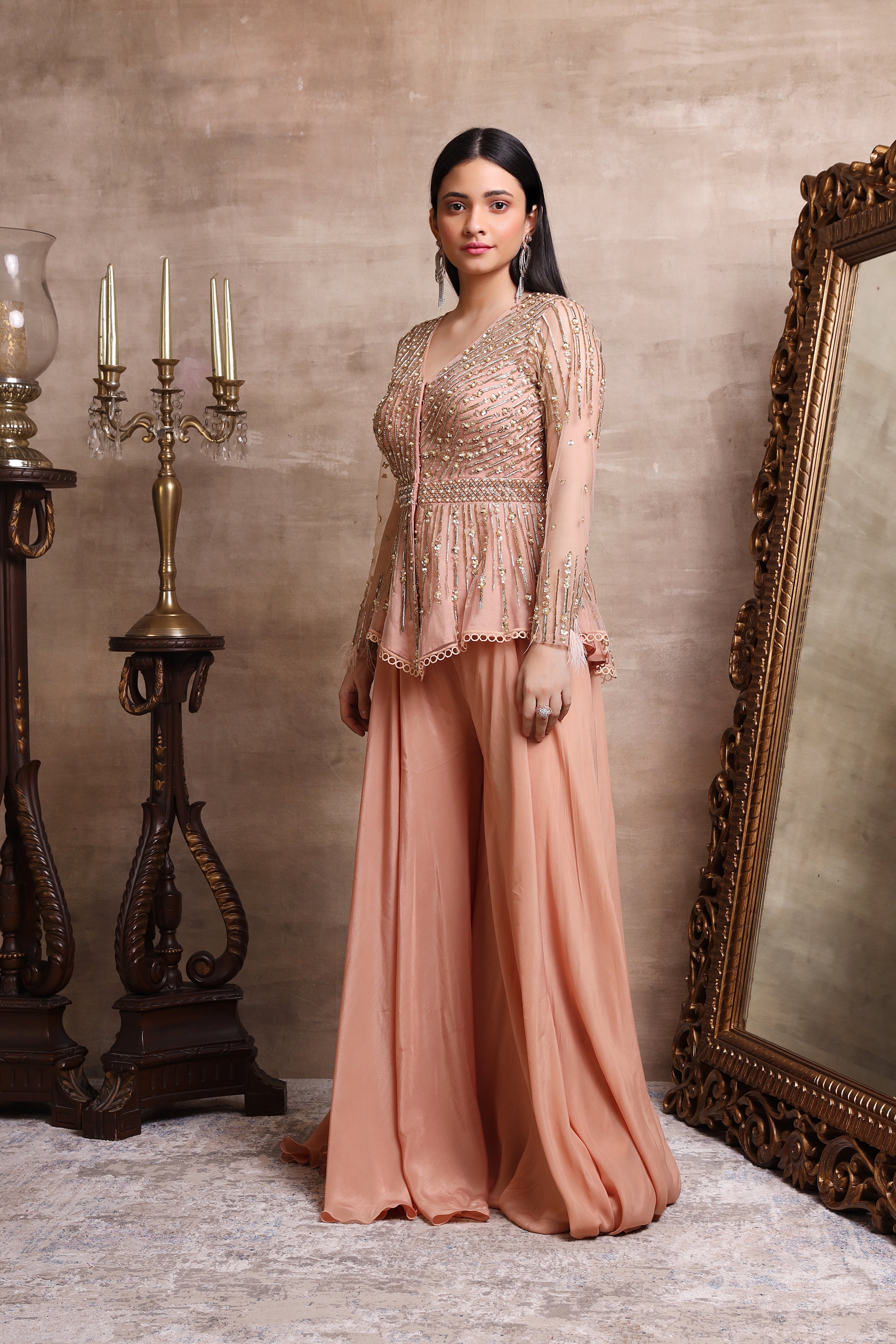 Rose Gold Peplum And Plazzo Set
