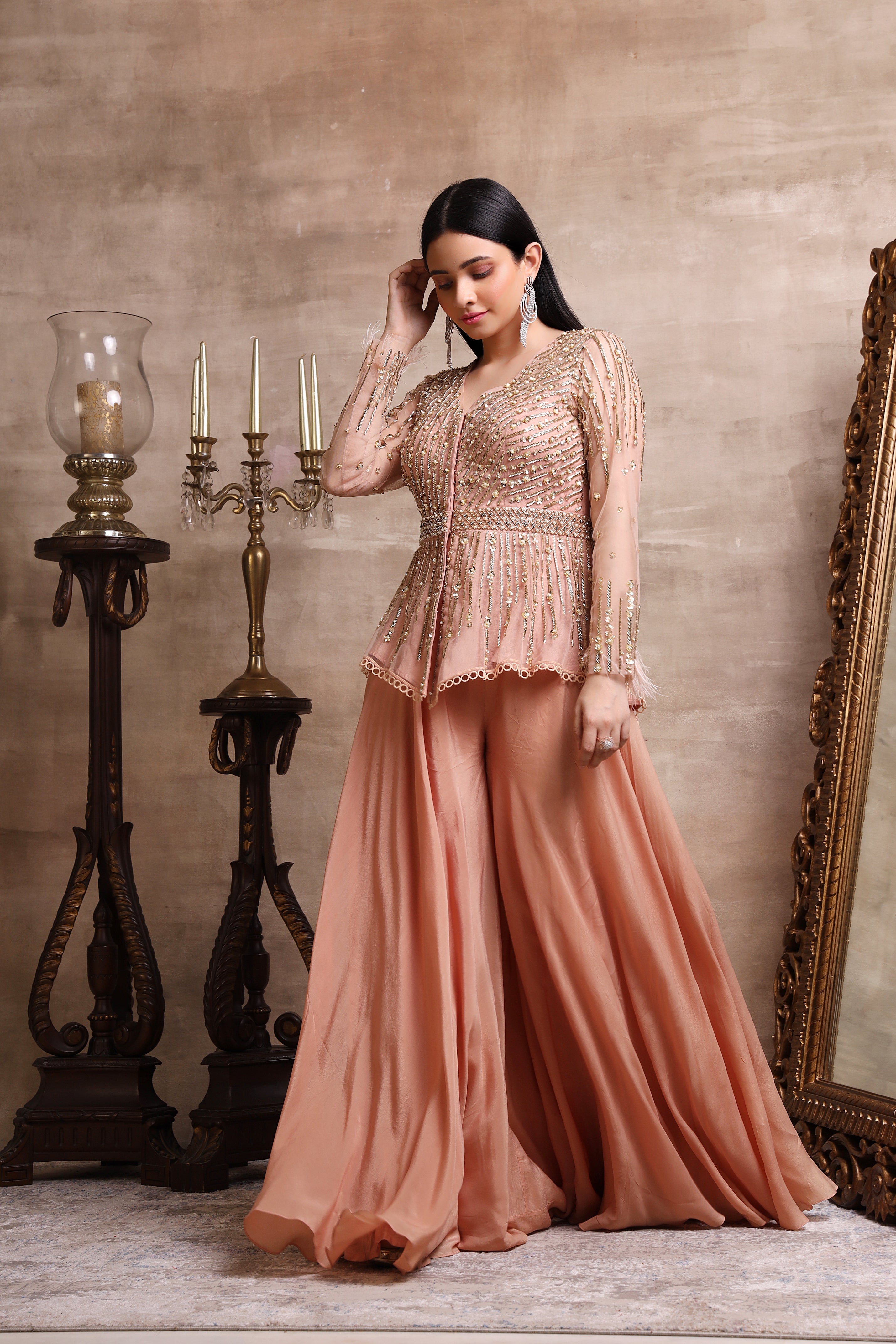 Rose Gold Peplum And Plazzo Set