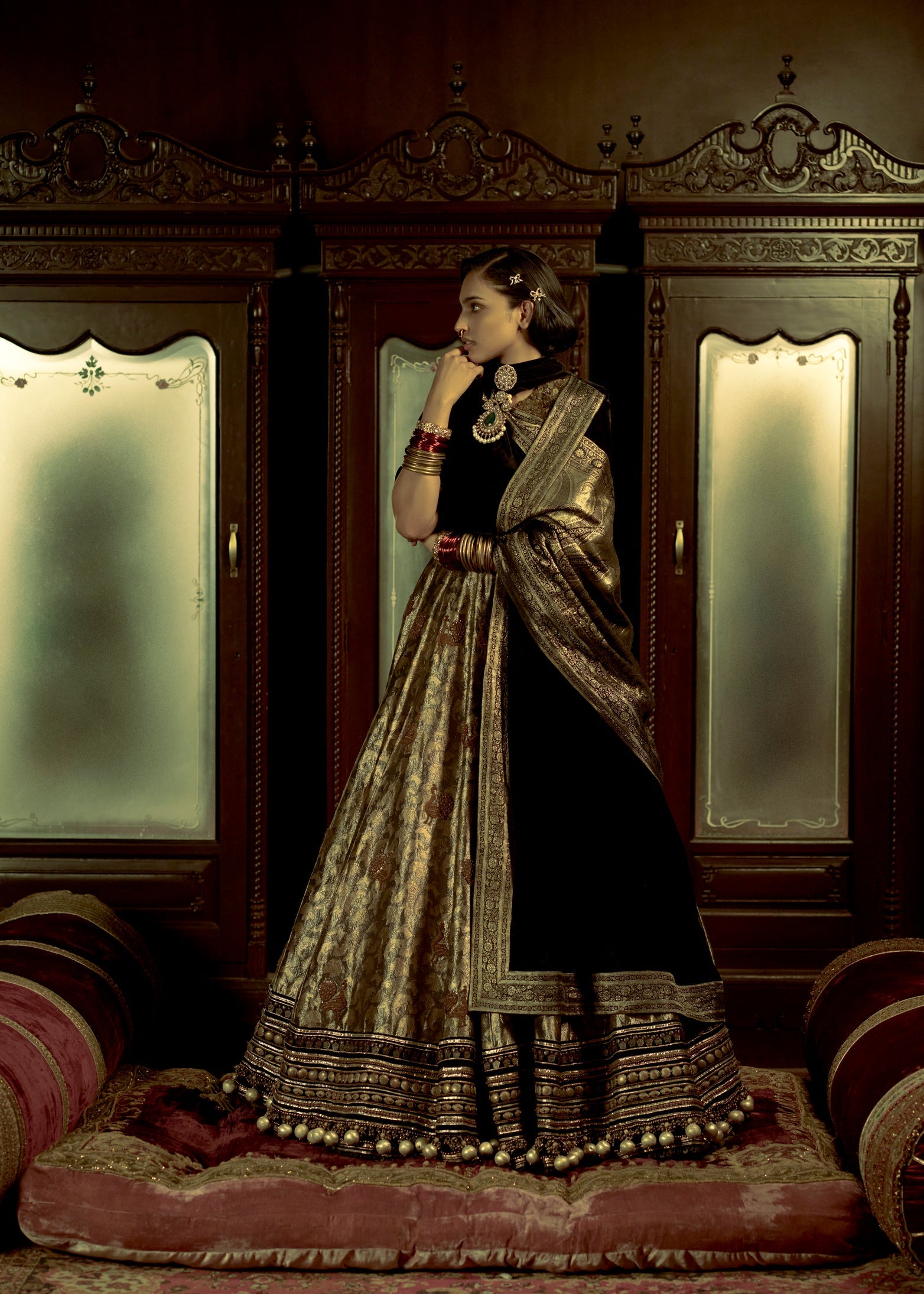 Stone Black Brocade Lehenga Set