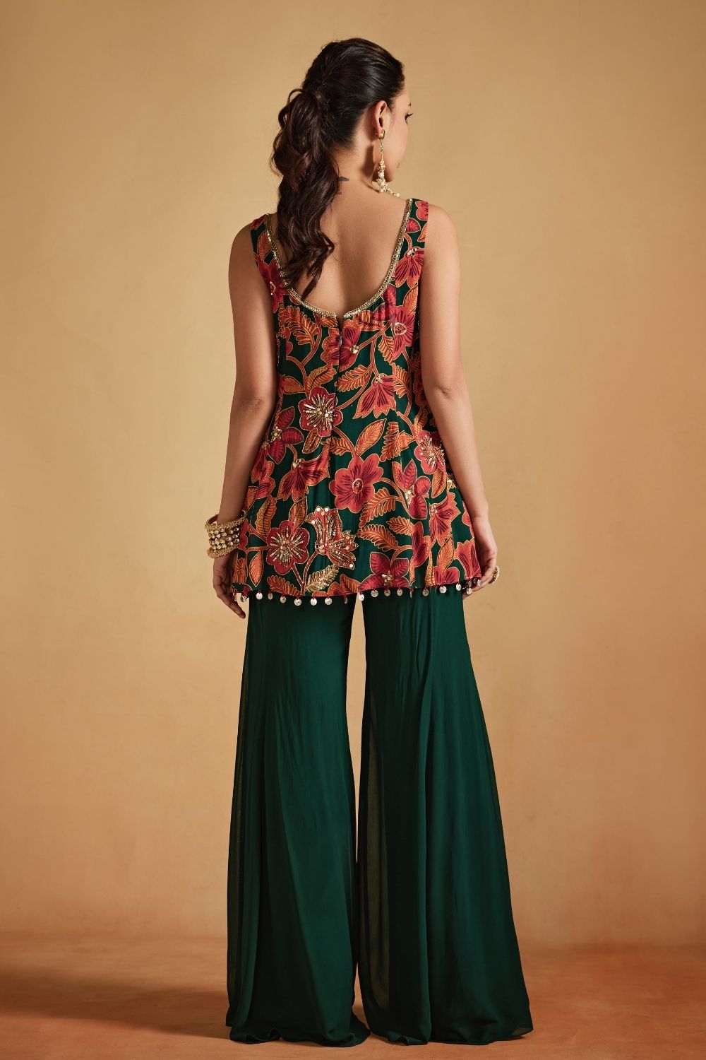 Green Floral Printed Gathered Top And Pants Set