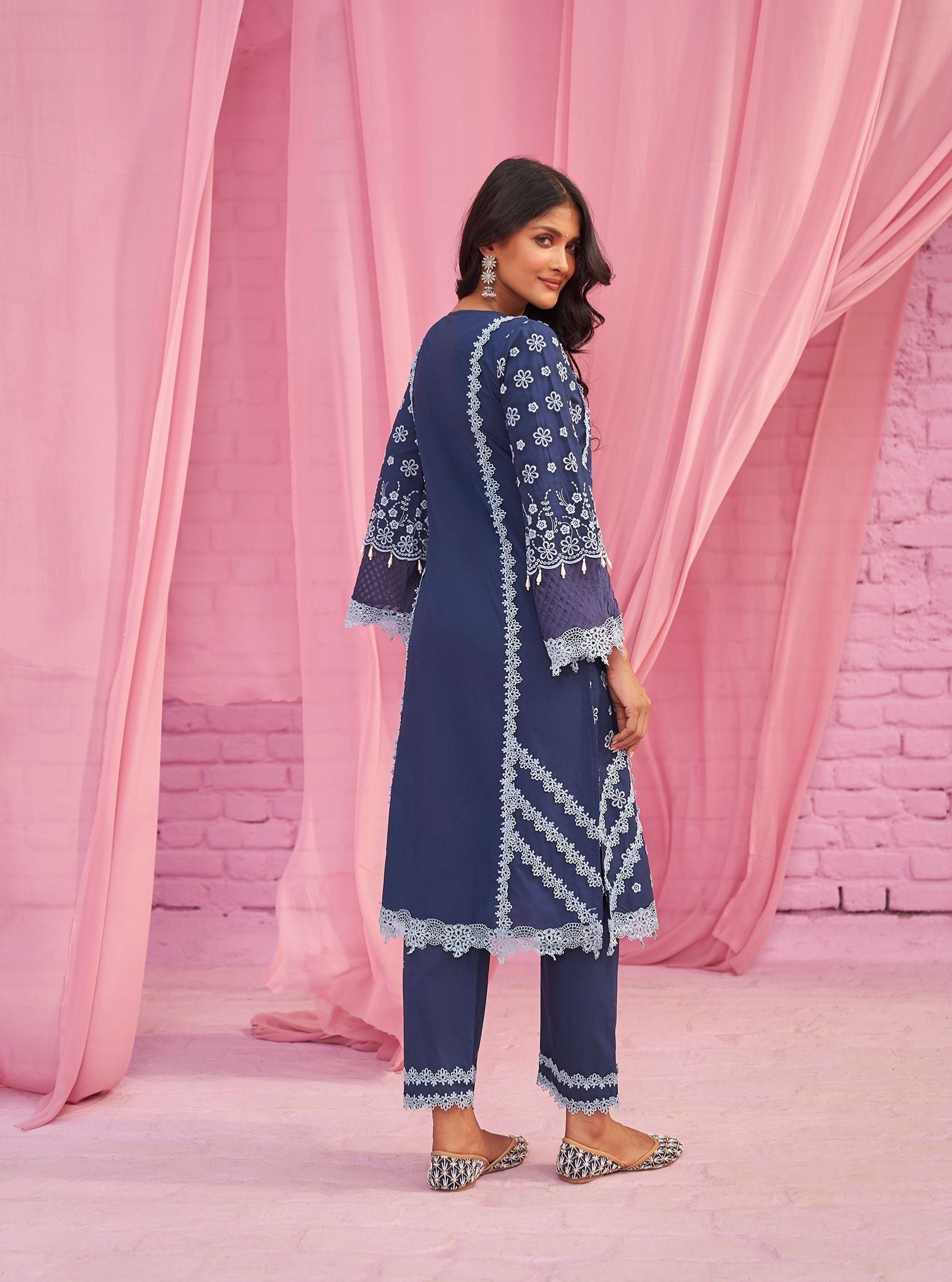 Mulmul Cotton Adhira Navy Kurta With Mulmul Cotton Adhira Navy Pant