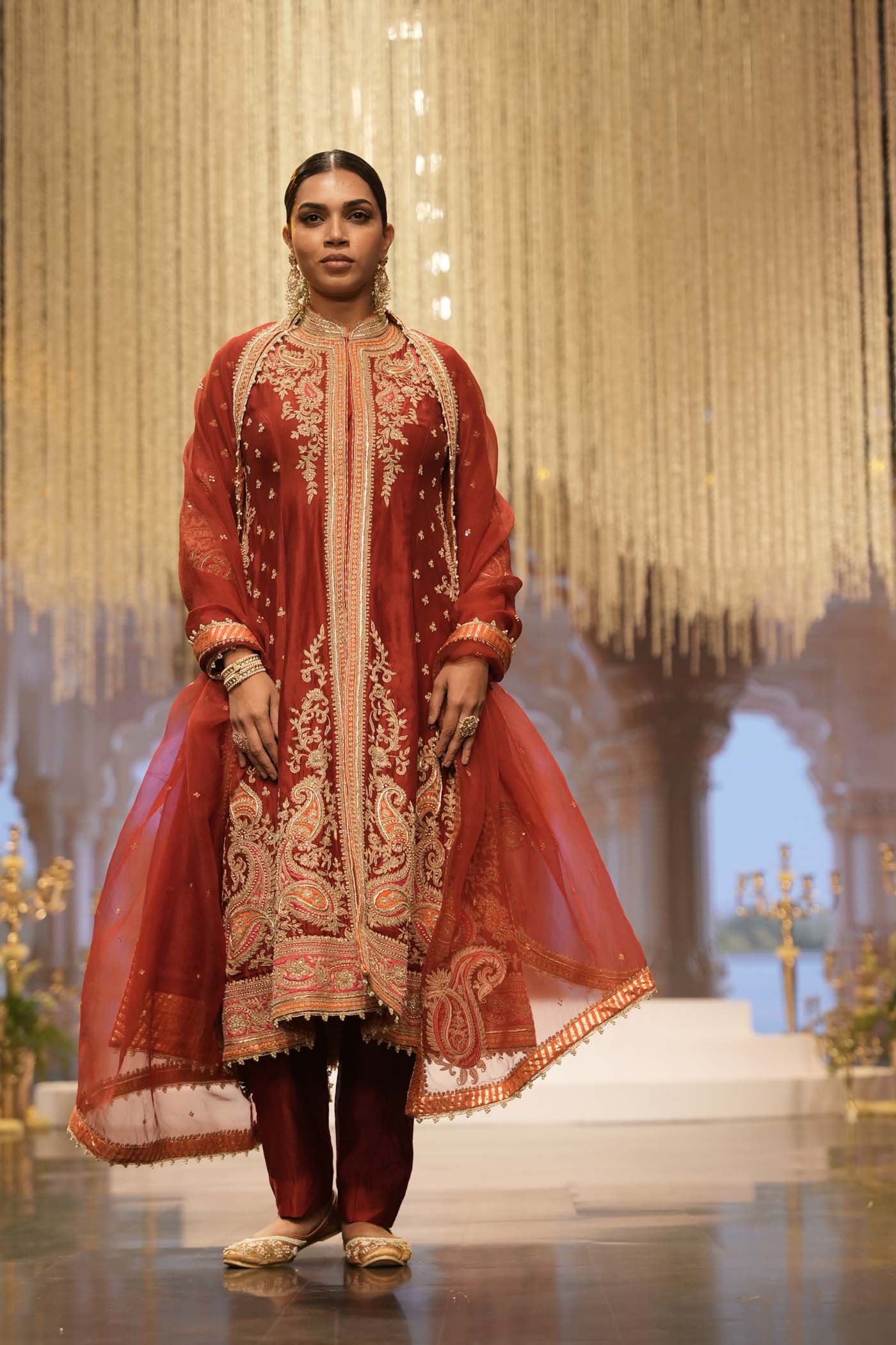 Minara - Deep Red Long A-Line Jacket With Pant