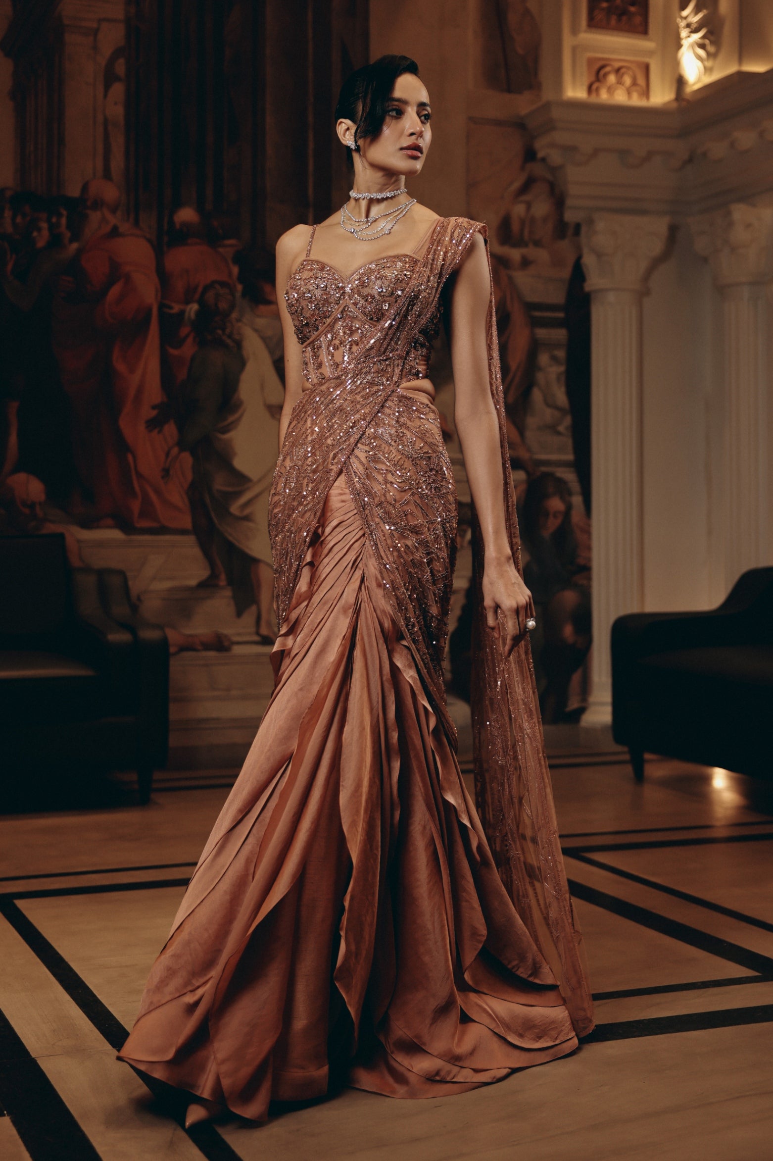 Rose Gold Draped Ruffle Saree