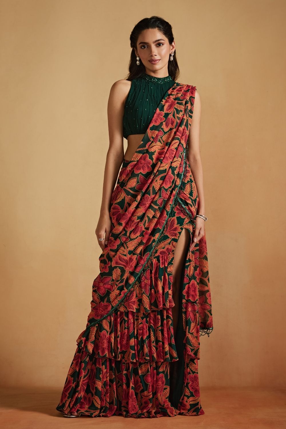 Green Printed Pre-Draped Saree