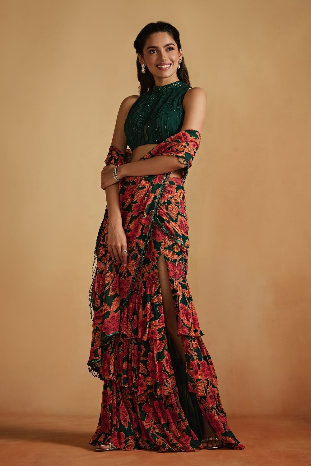 Green Printed Pre-Draped Saree