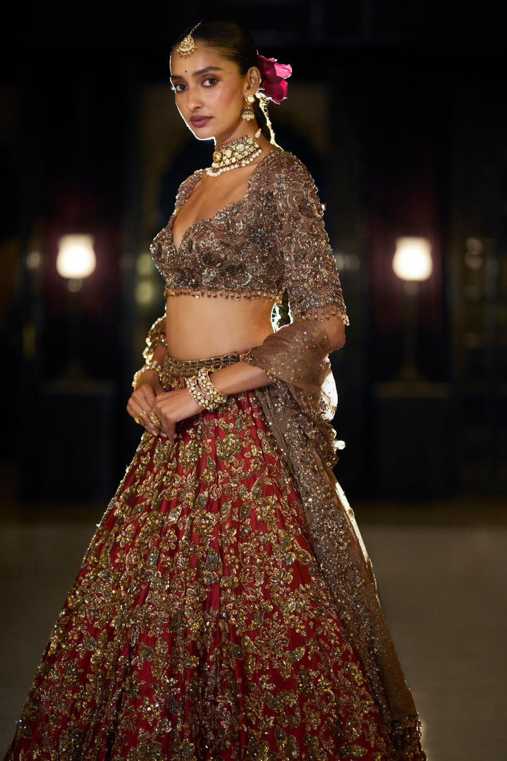 Antique Gold Maroon Lehenga Set