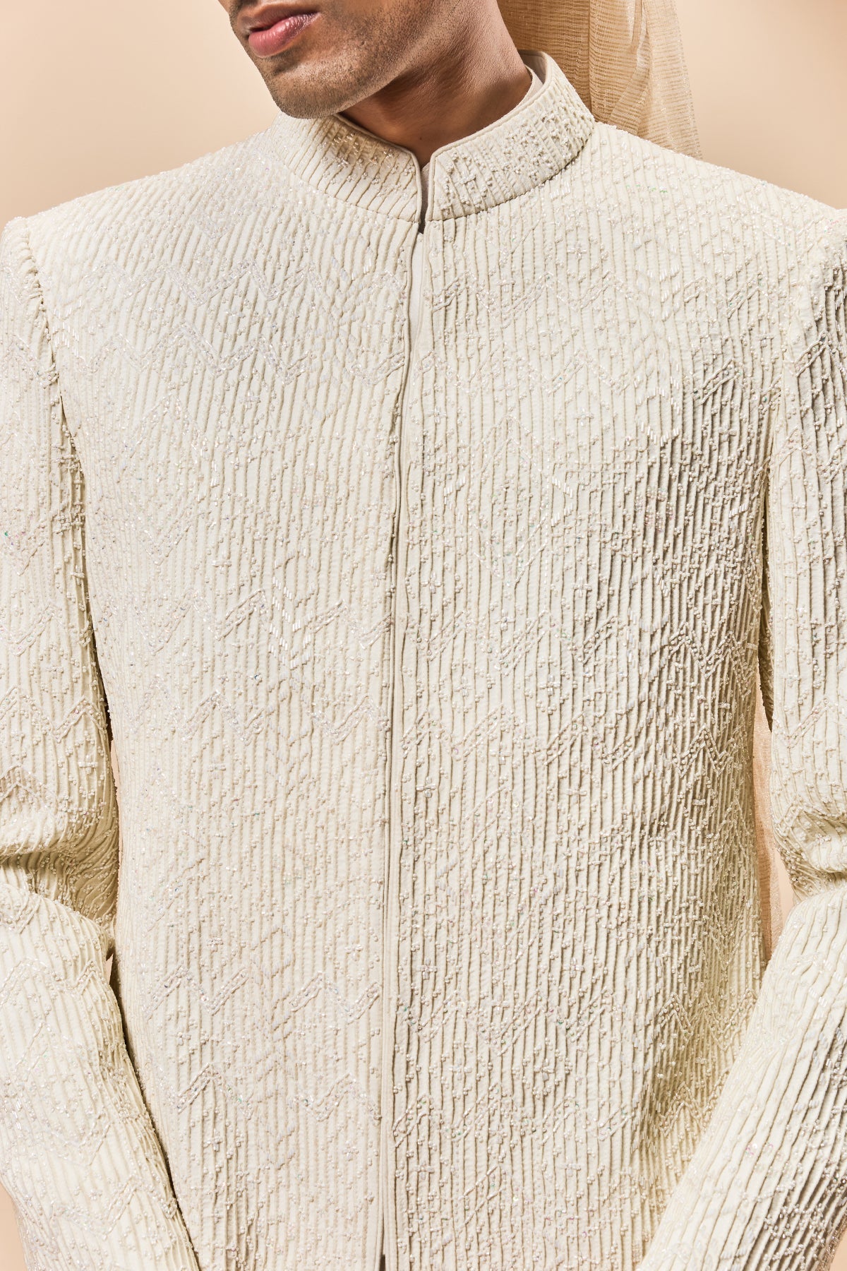 Ivory Sherwani Detailing With Pearl Sequins And Thread Work