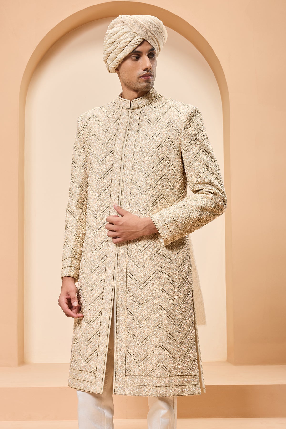 Ivory Gold Sherwani Detailing With Zardozi Pearl Sequins And Thread Work