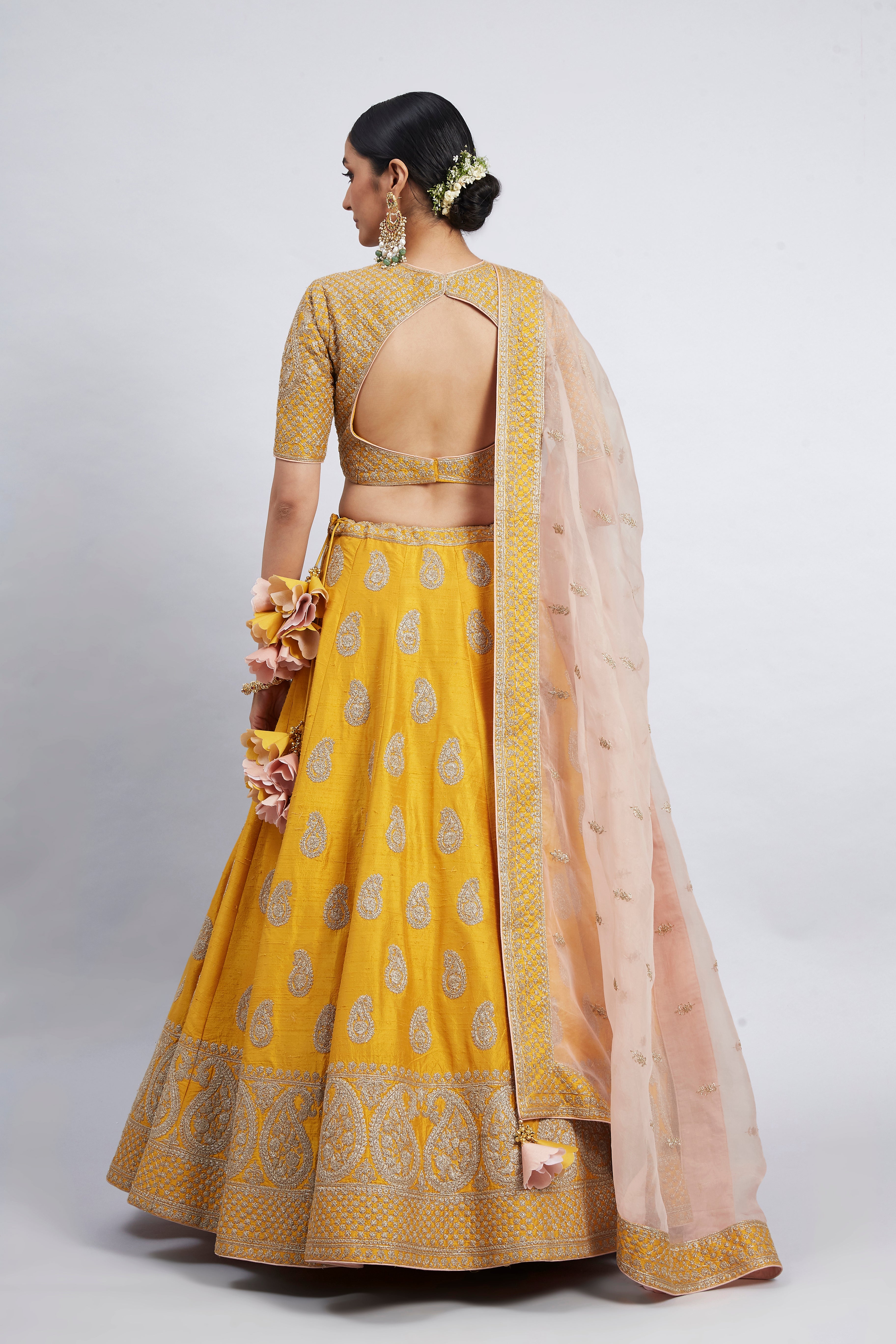 Varisha-Heirloom Mustard Raw Silk Lehenga Set