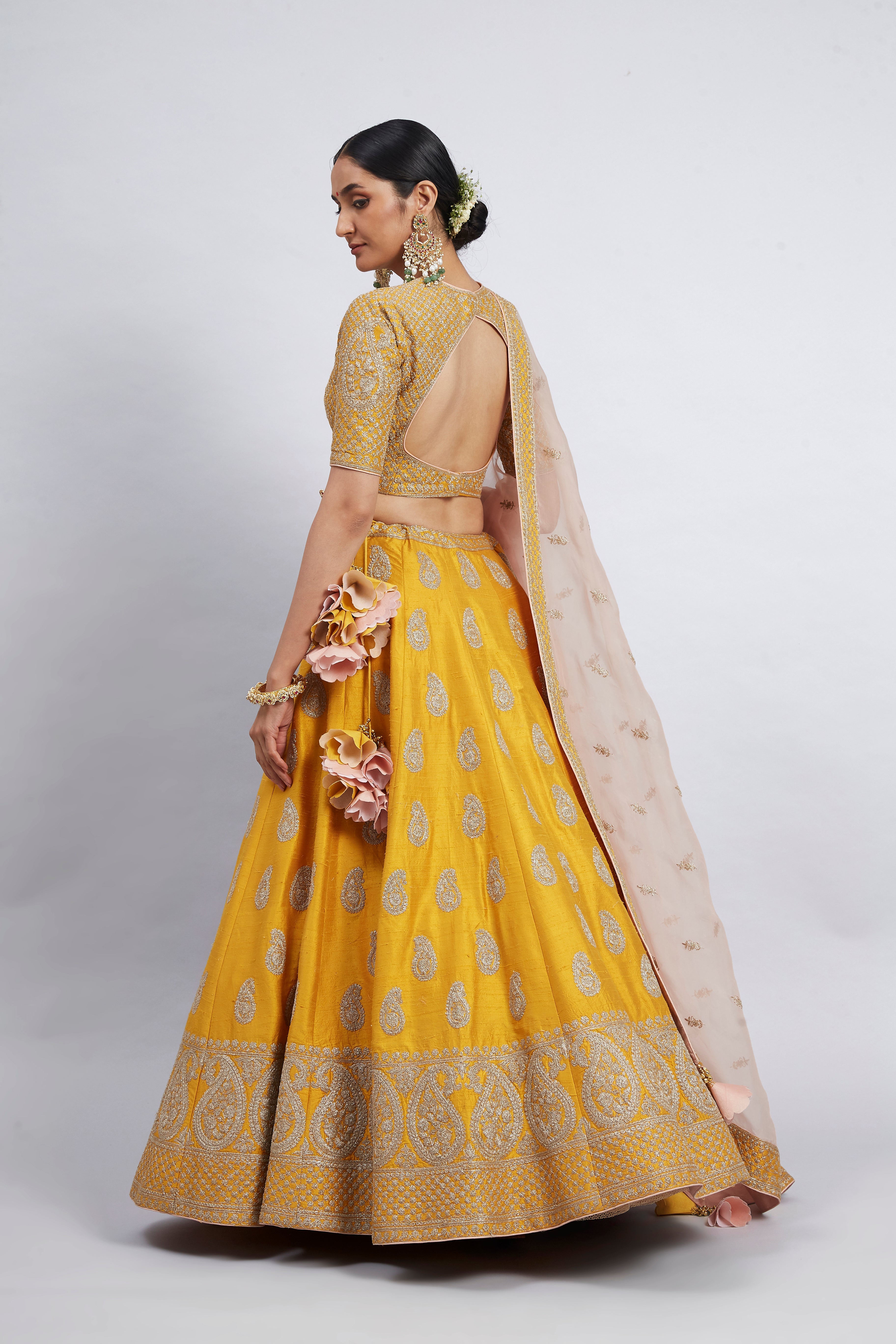 Varisha-Heirloom Mustard Raw Silk Lehenga Set