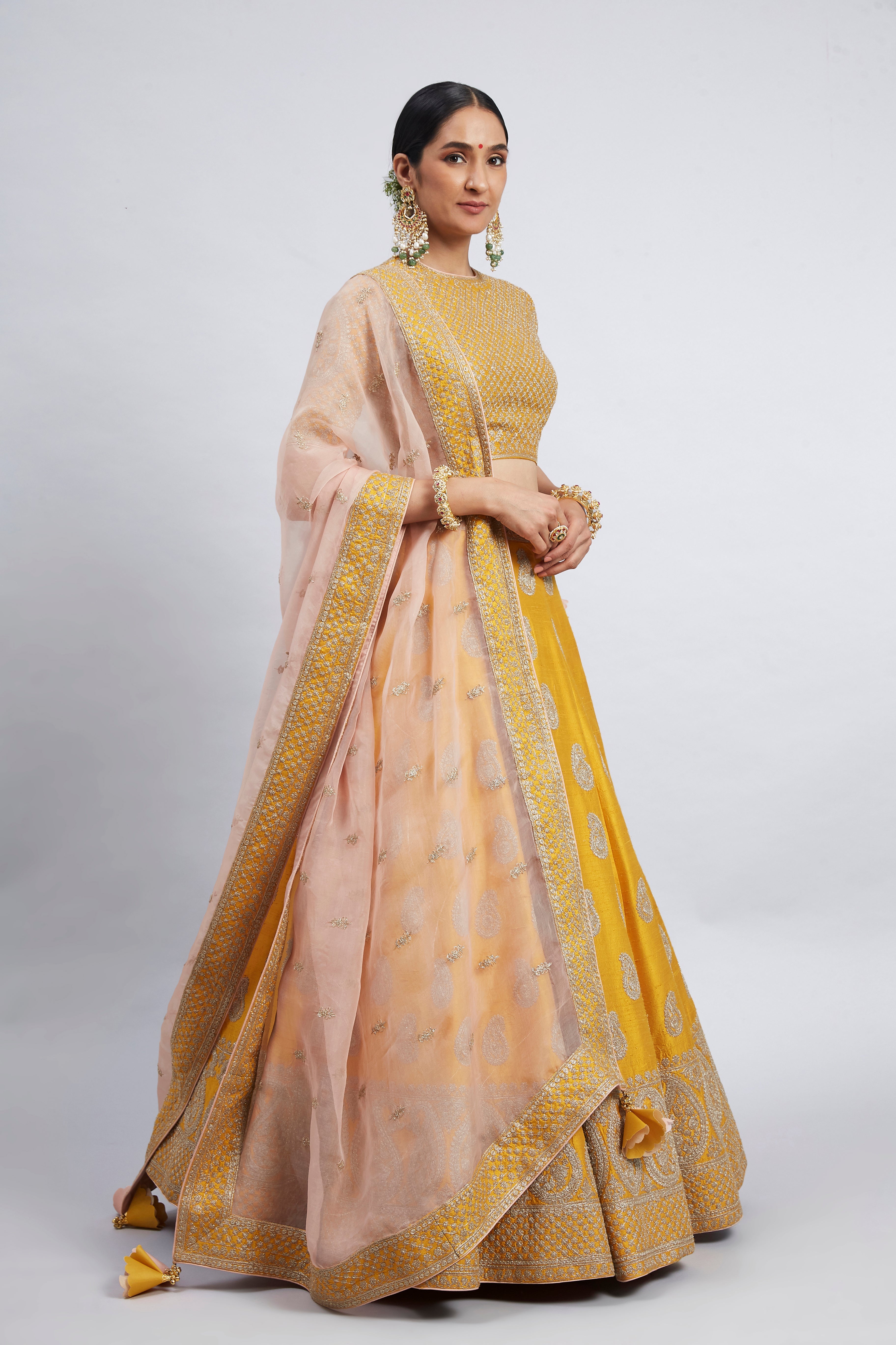 Varisha-Heirloom Mustard Raw Silk Lehenga Set