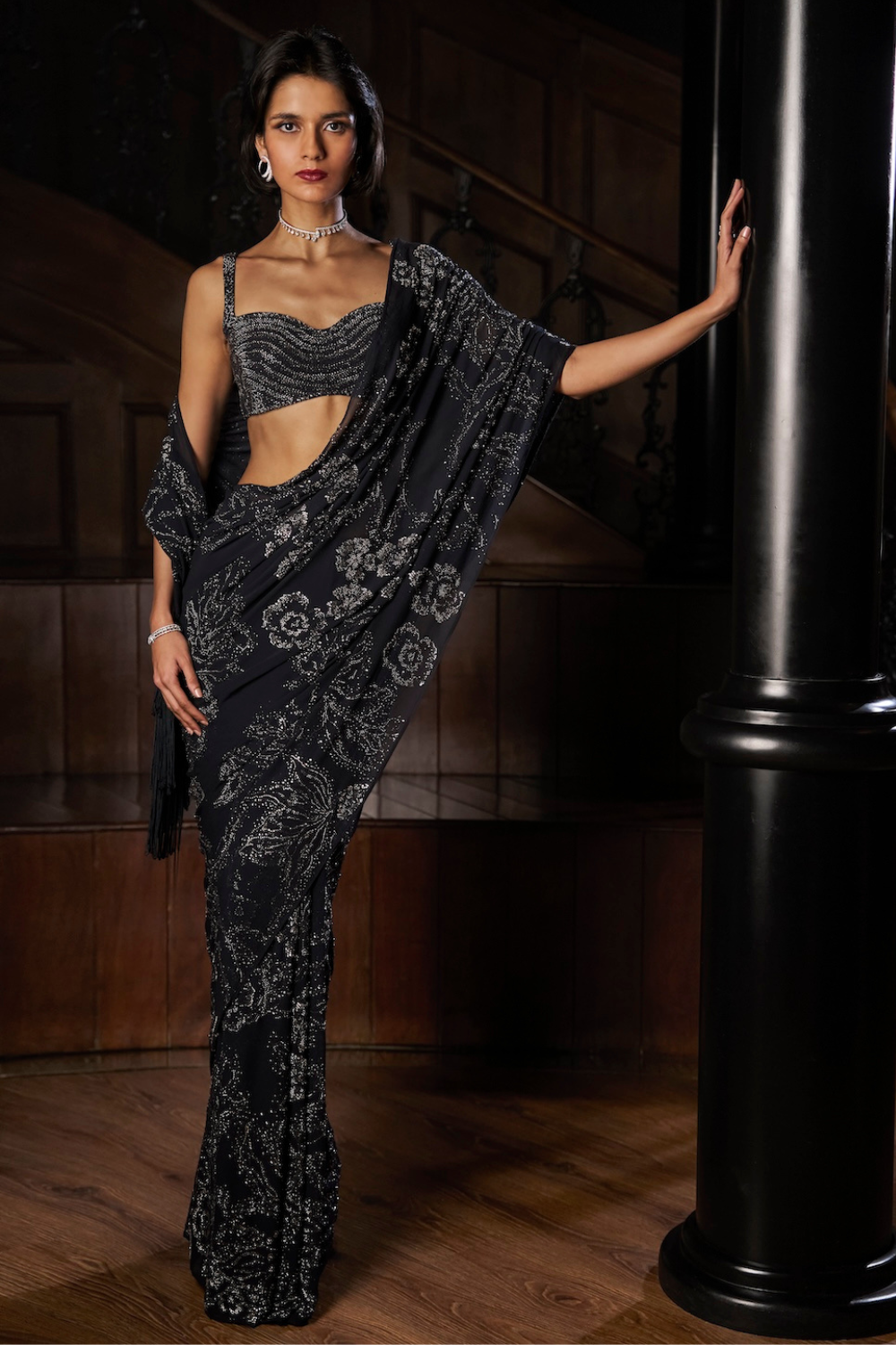 Steel Blue Crystal Georgette Saree