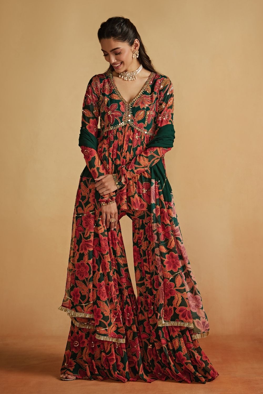 Green Floral Printed Peplum And Sharara Set