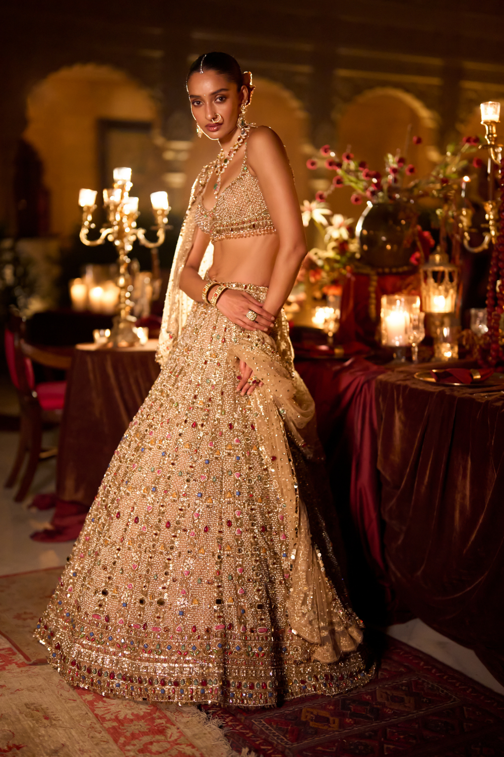 Multi-Coloured Stone & Pearl Lehenga Set