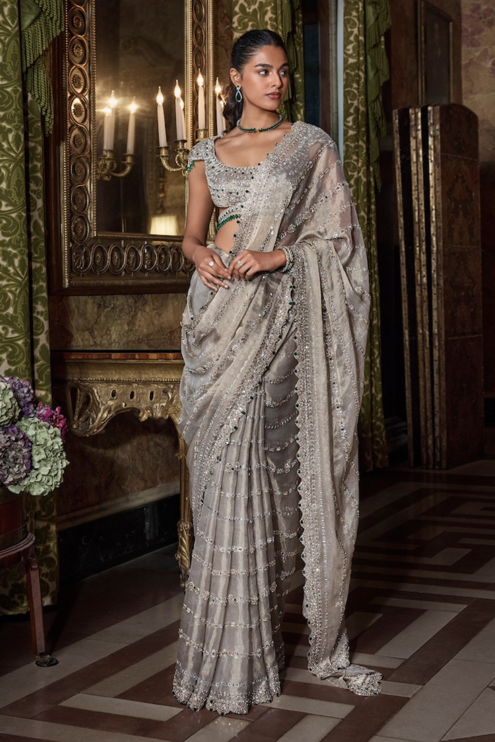 Champagne Emerald Crystal Saree