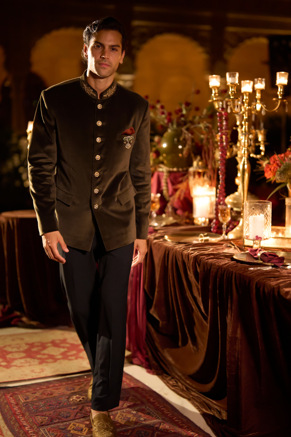 Olive Green Velvet Bandhgala Set