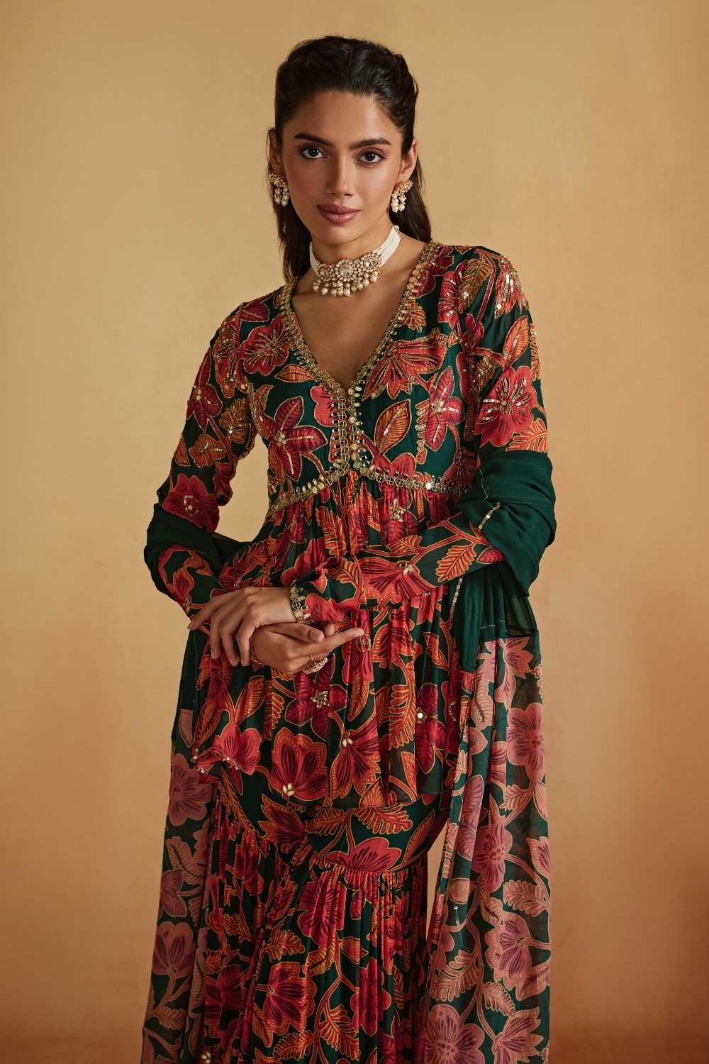 Green Floral Printed Peplum And Sharara Set