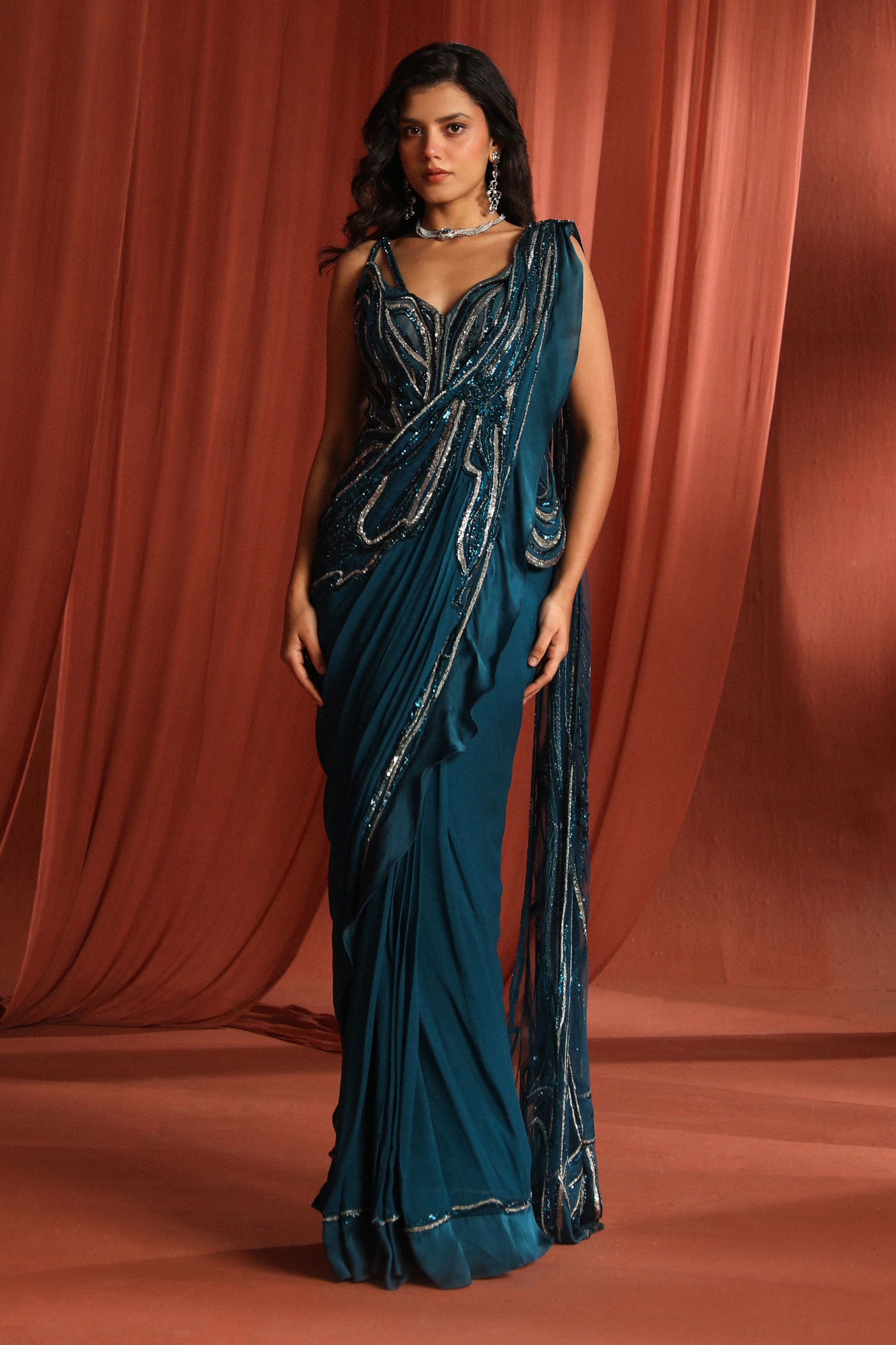 Teal Bloom Saree