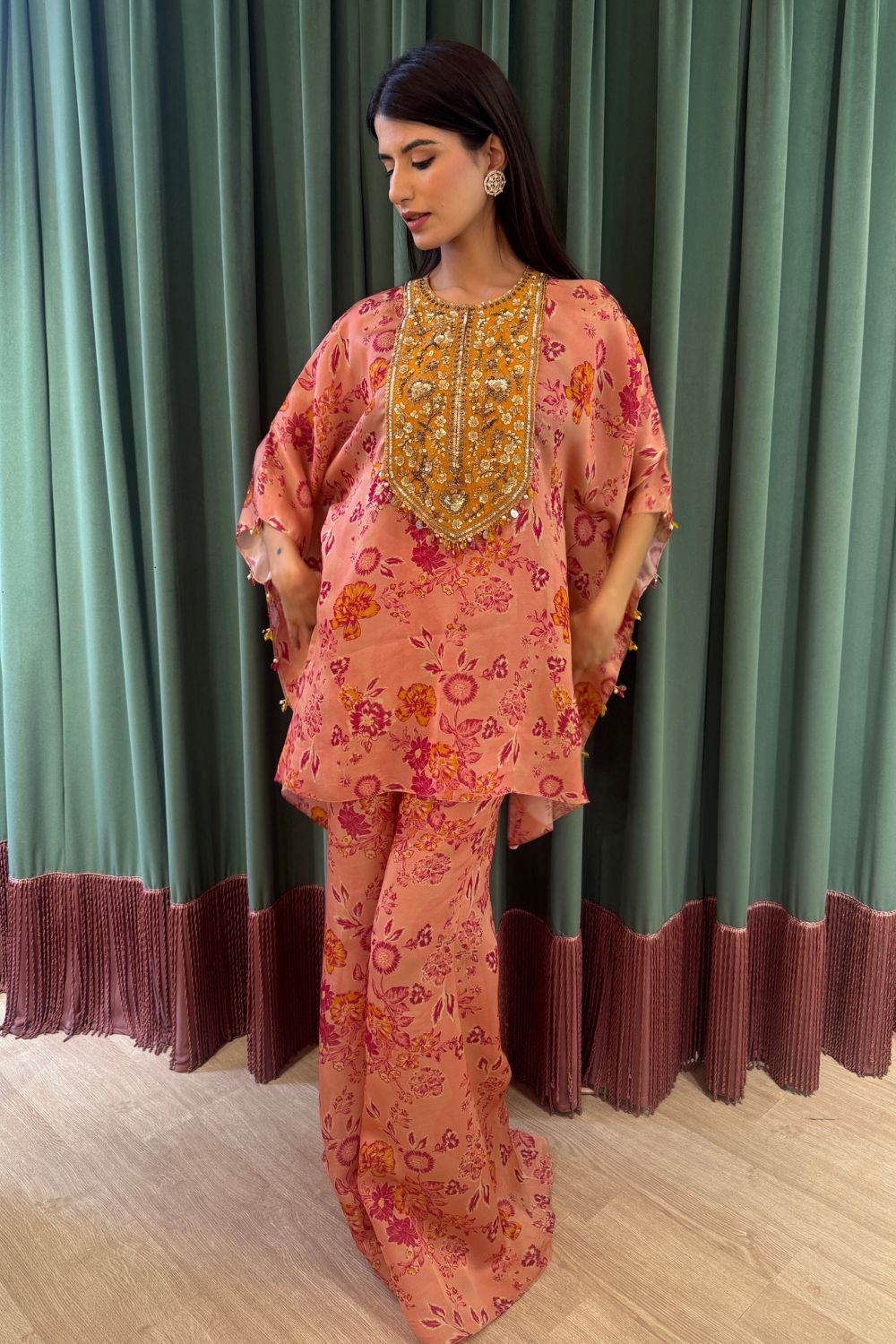 Pink Floral Print Kaftaan And Pants Set