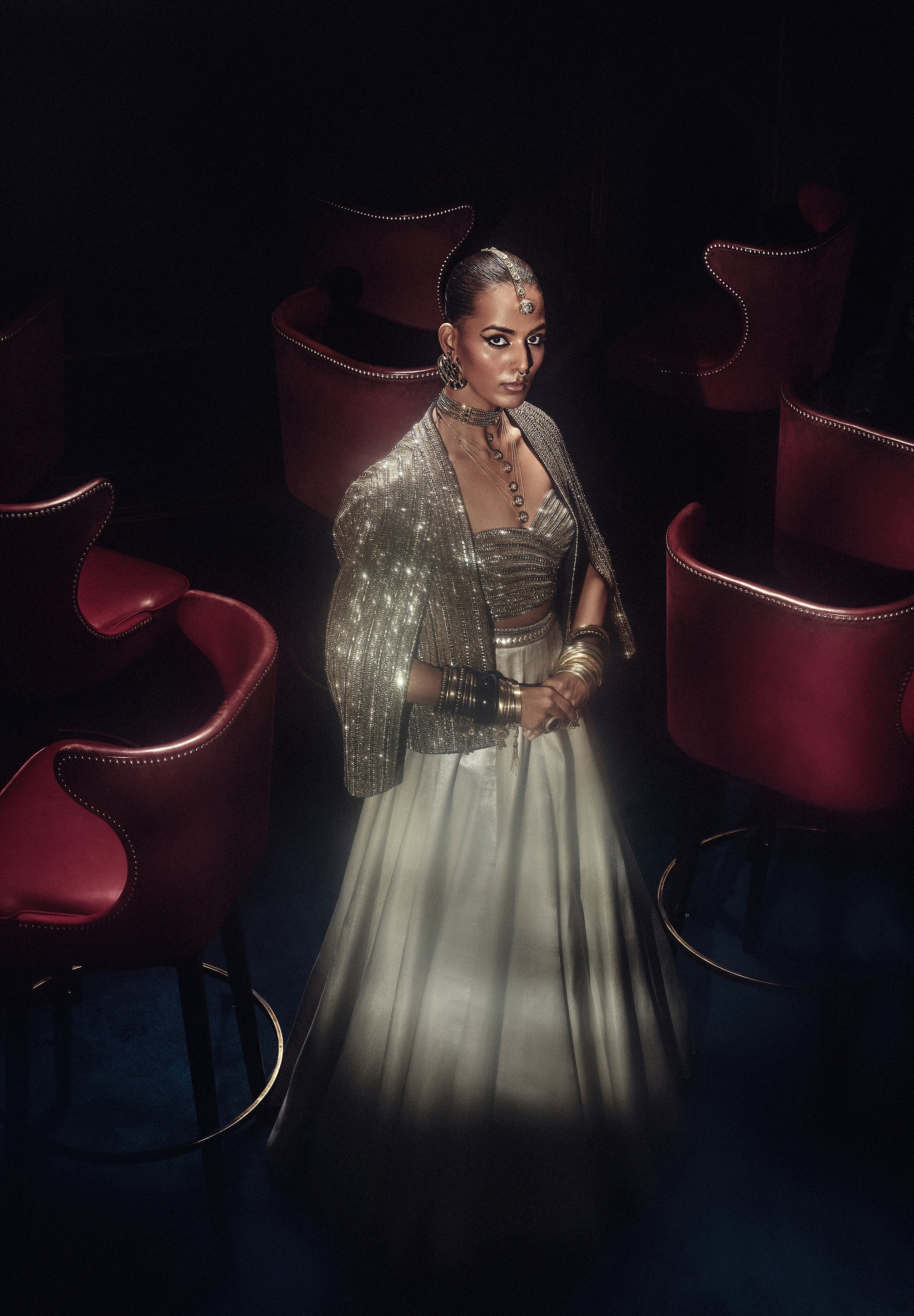 Sitara Studded Bustier With Cape Jacket And Metallic Lehenga
