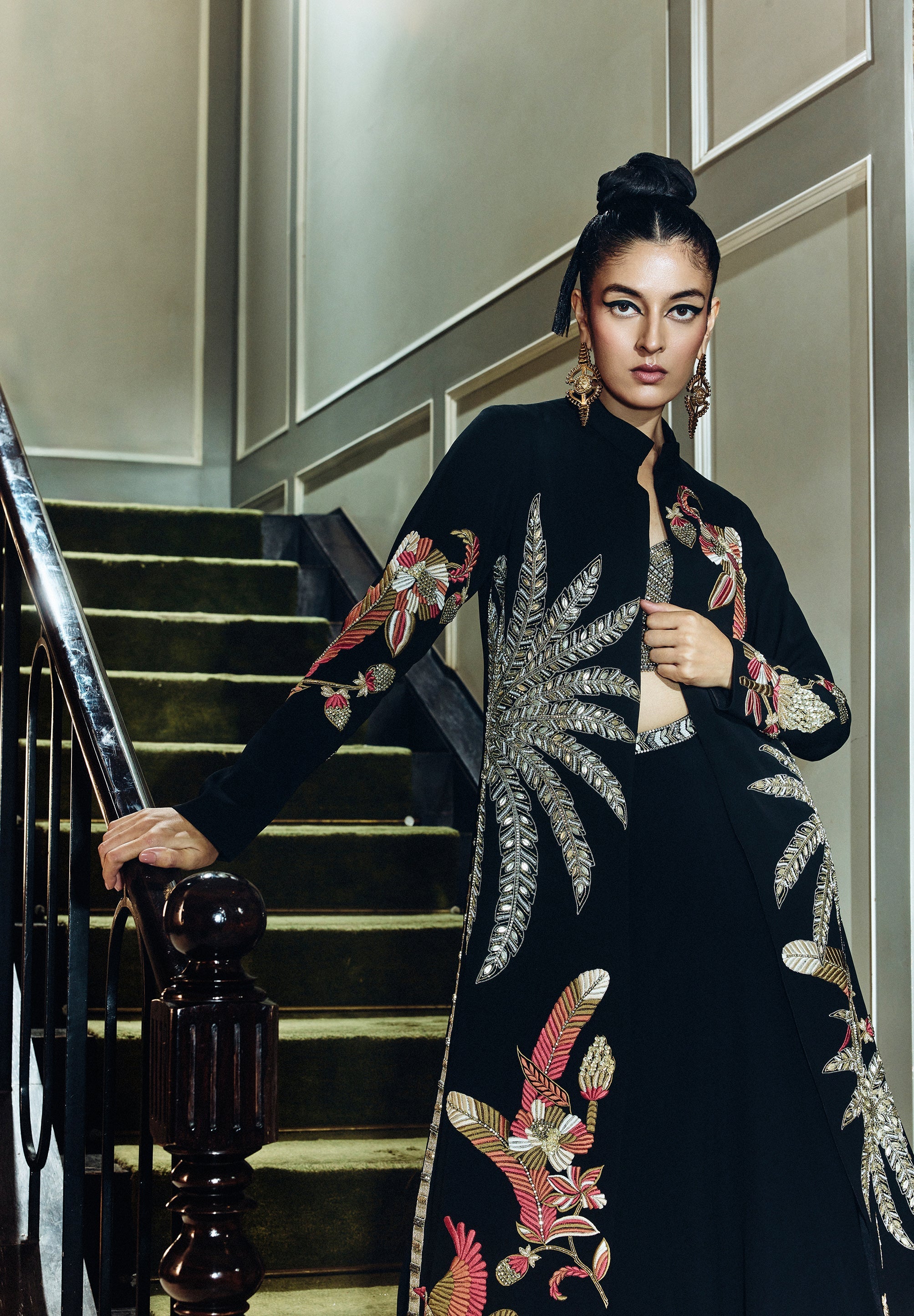 Raya Tropical Long Jacket With Studded Bustier And Lehenga