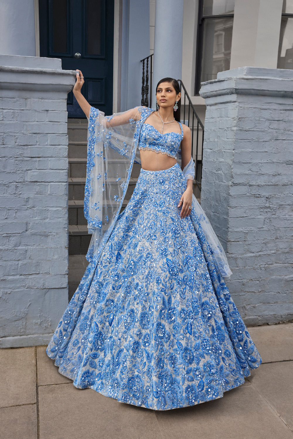 Sara Tendulkar In Powder Blue Floral Lehenga Set