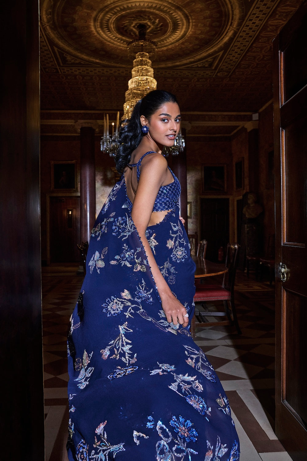 Navy Blue Floral Crystal Saree