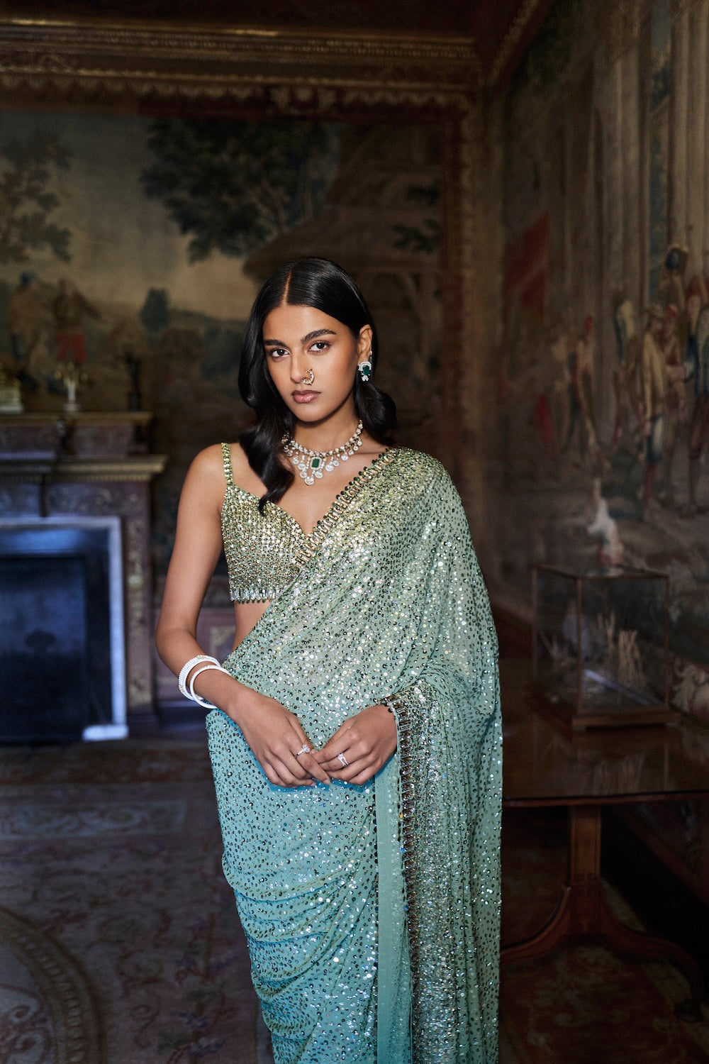 Moss Green Sequin Saree