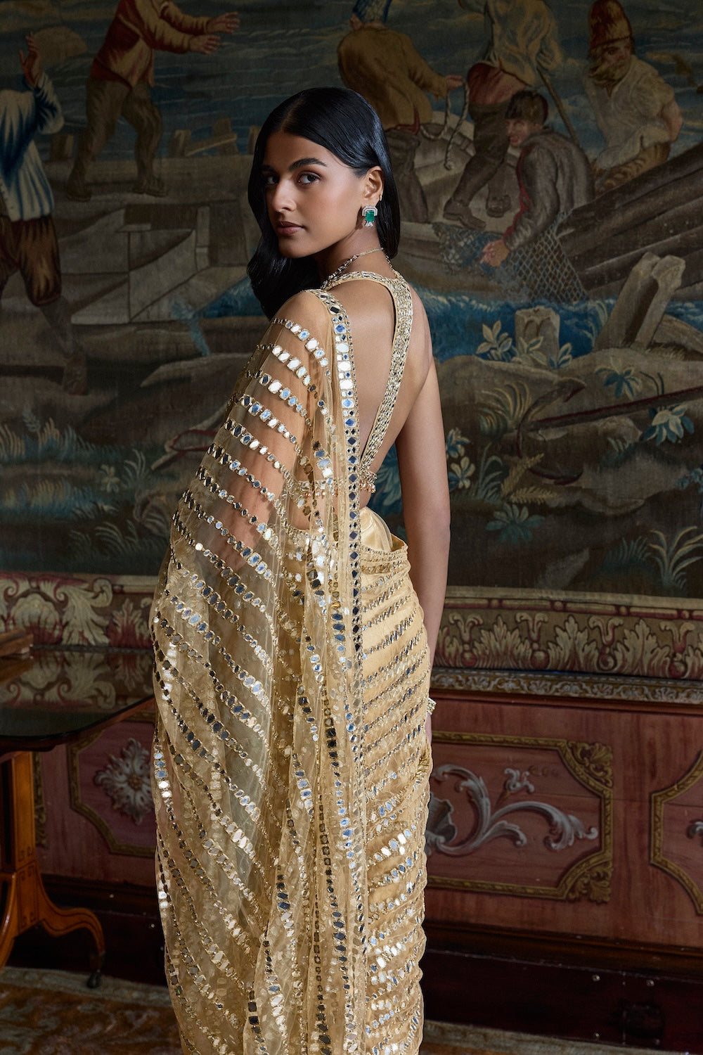Gold Mirror Work Saree
