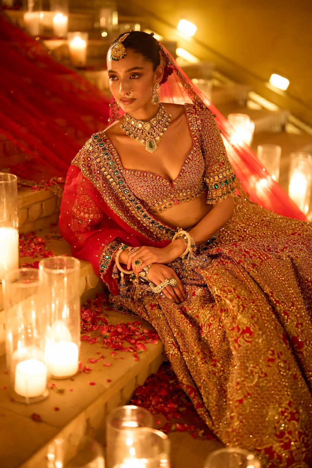 Red & Emerald Zardosi Lehenga Set