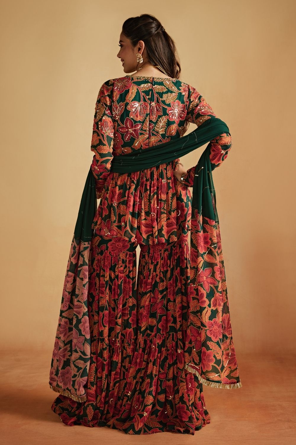 Green Floral Printed Peplum And Sharara Set