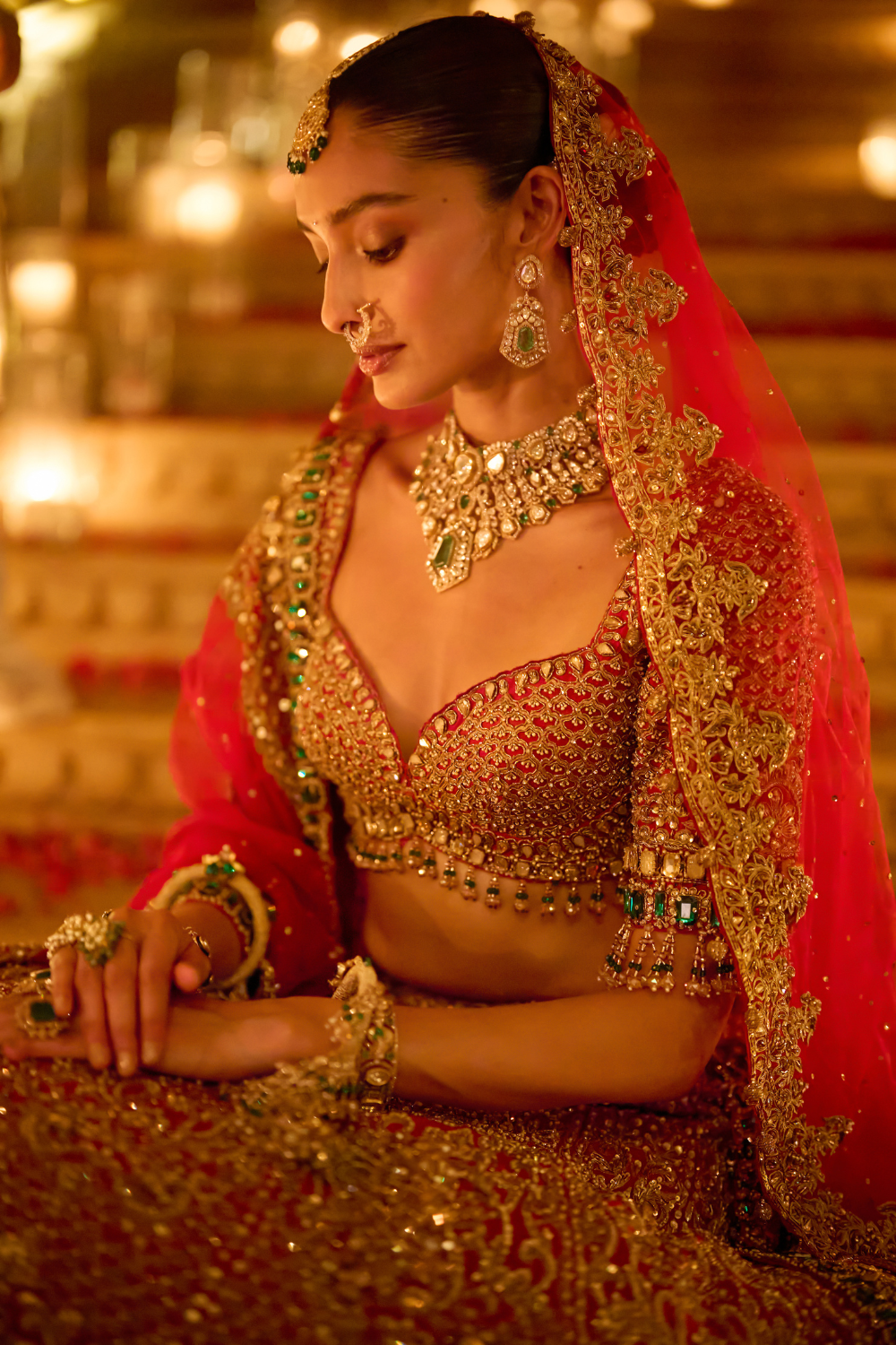 Red & Emerald Zardosi Lehenga Set