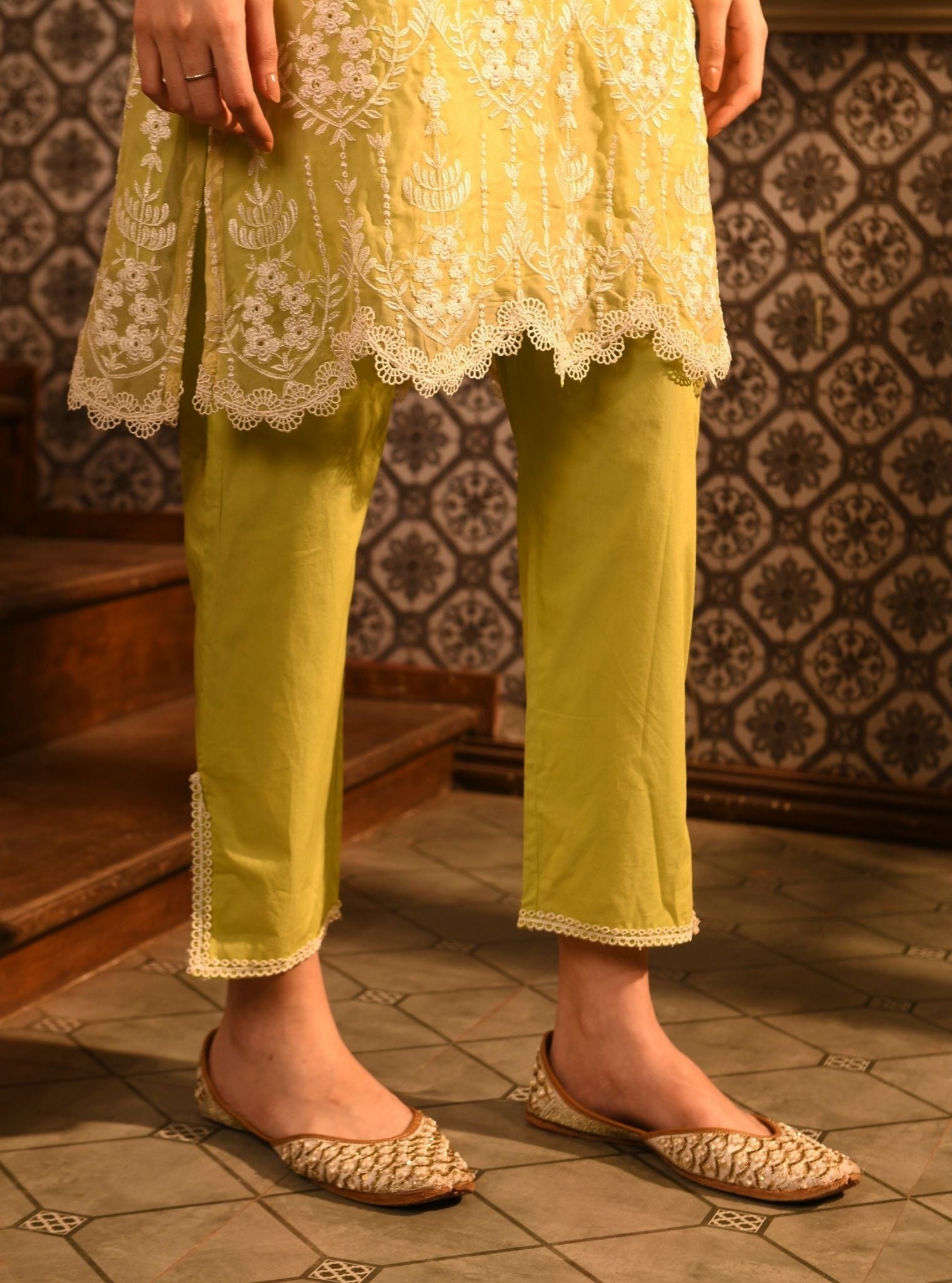 Mulmul Organza Nima Lime Kurta With Mulmul Cotton Nima Lime Pant