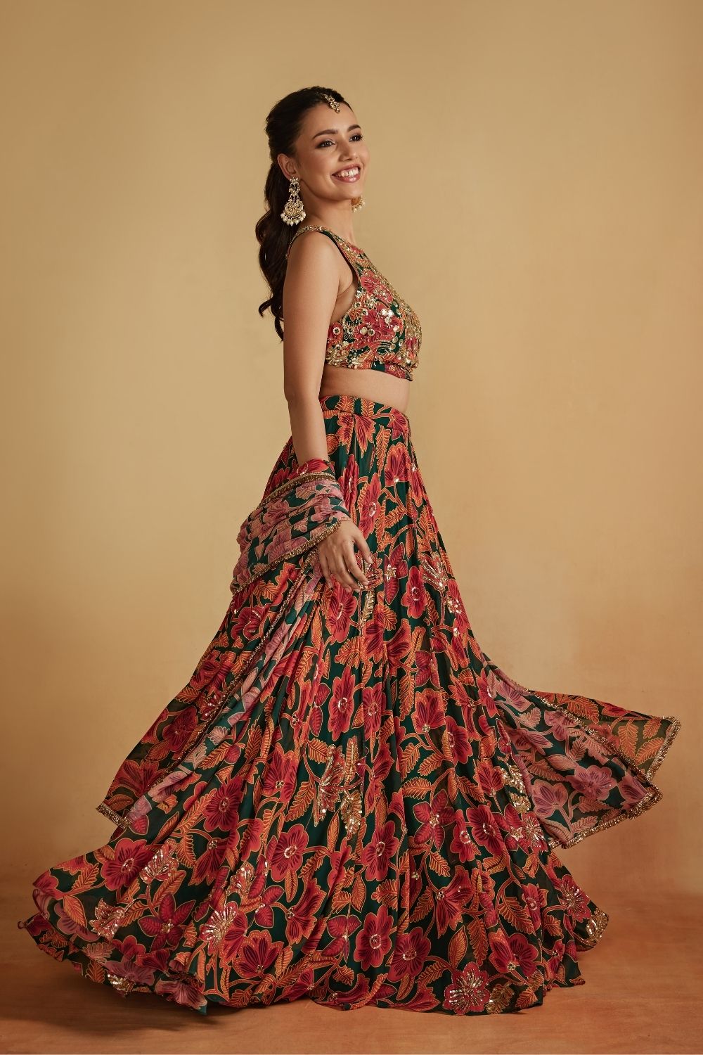 Green Floral Printed Lehenga Set