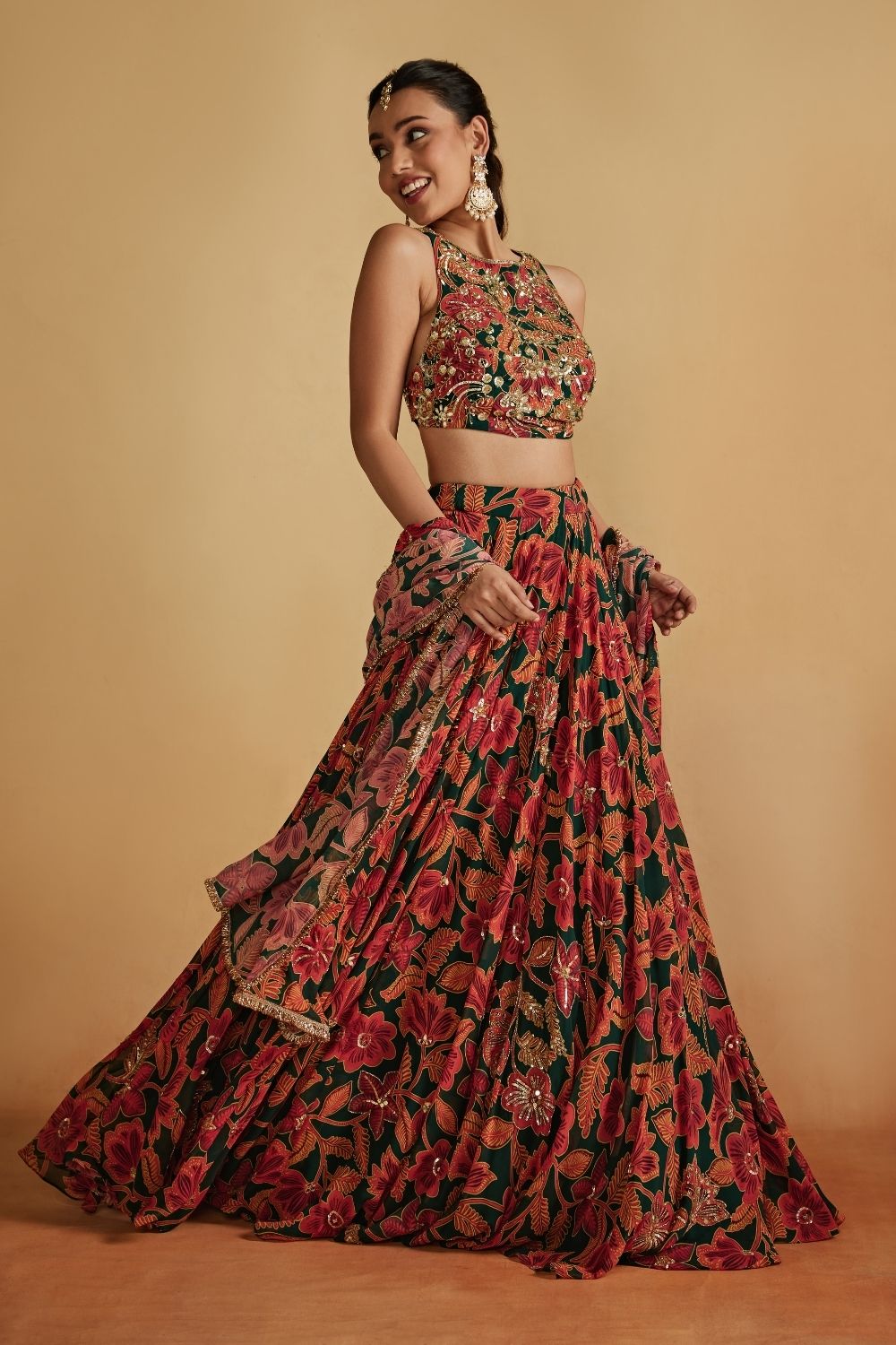Green Floral Printed Lehenga Set