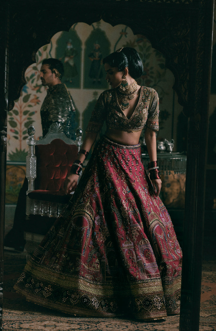 Rumba Red Raw Silk Lengha Set