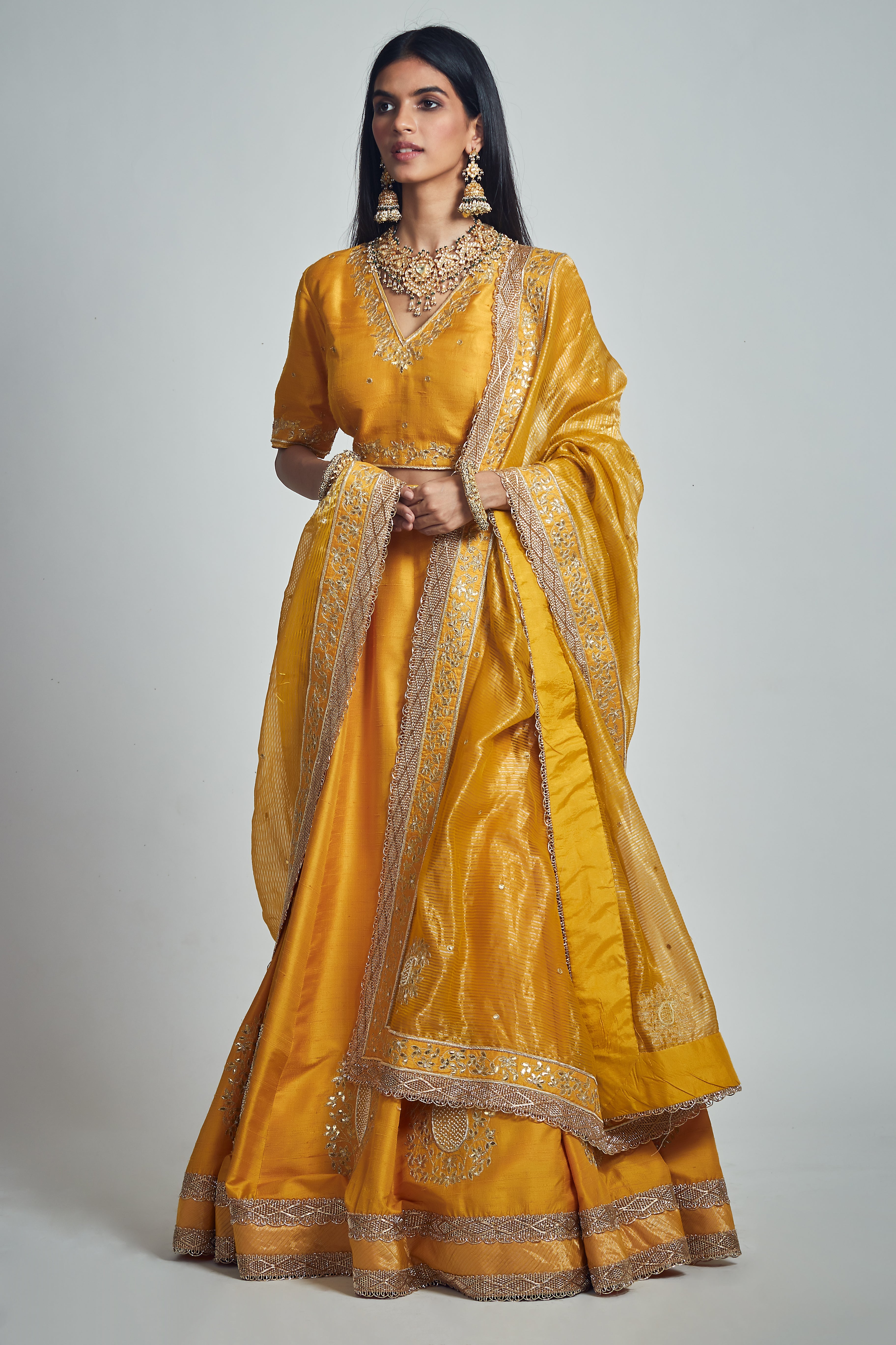 Razaana- Glaze Mustard Gota Patti Embroidered Lehenga With Blouse And Dupatta